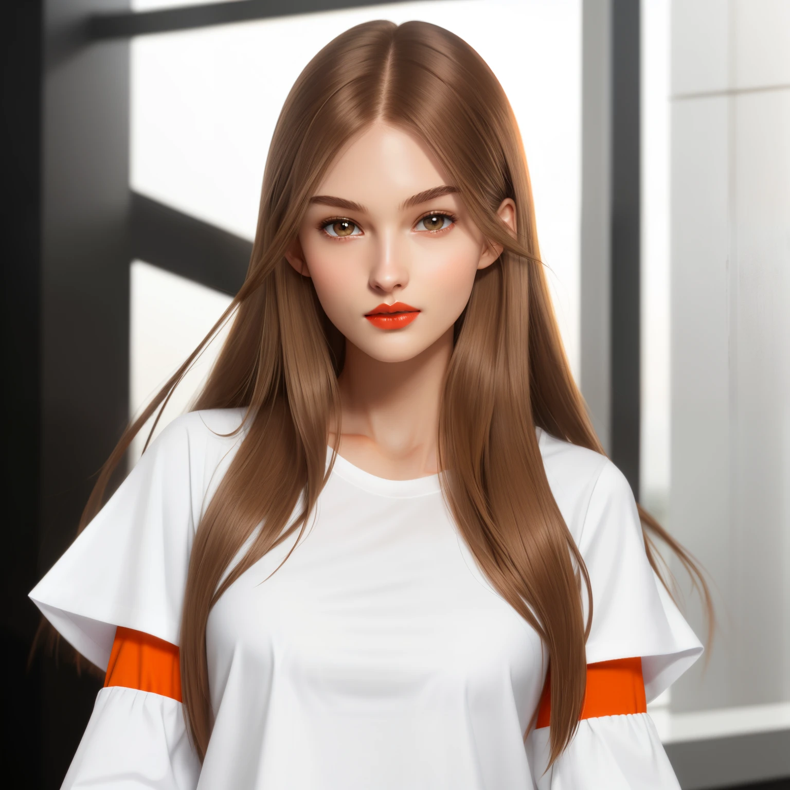 Girl, long soft brown hair, gray eyes, sharp features, white skin, orange lips, T-shirt with sleeves