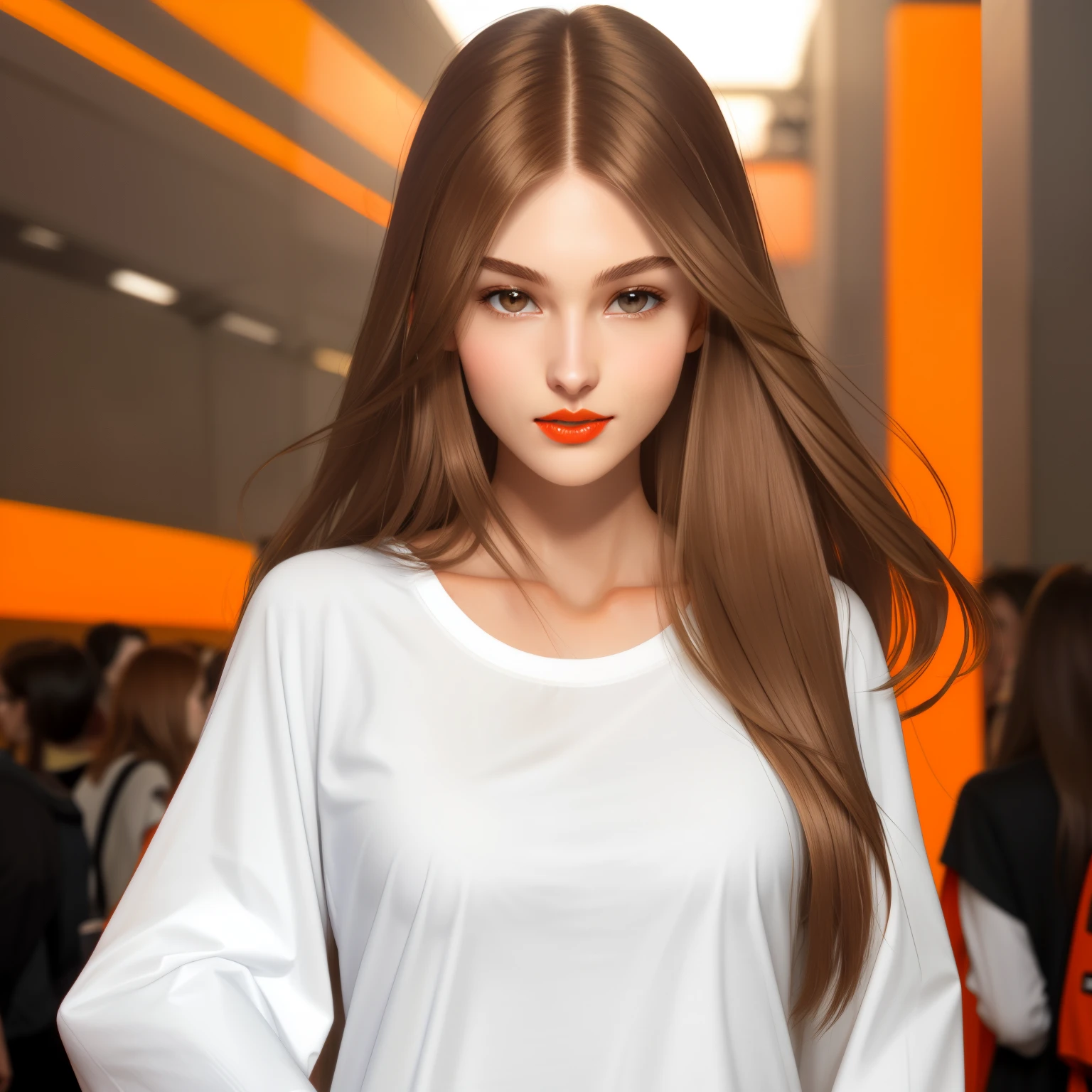 Girl, long soft brown hair, gray eyes, sharp features, white skin, orange lips, T-shirt with sleeves