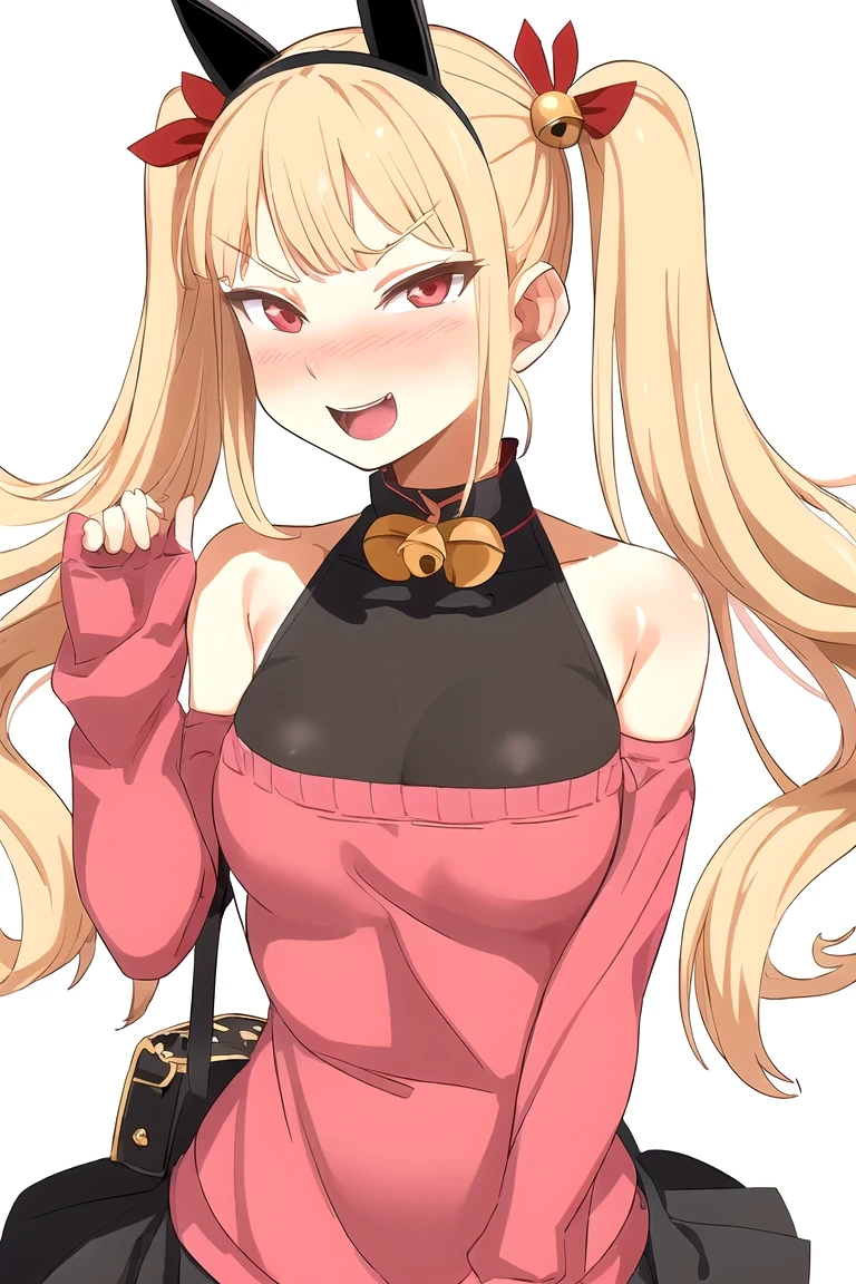 1 girl, animal ears, Thighhighs, tail, long hair, blonde hair, smile, skirt, white background, twintails, :d, ((perfect female body, upper body)), bell, long sleeve, Virtual YouTuber, open your mouth, removed sleeve, puff sleeves, simple background, bag, bangs, looking at the viewer, animal bag, bow, bare shoulders, jingle bell, blush, red eyes, standing, simple background, highest quality, High resolution, everything is complicated, (cowboy shot),akushizu style