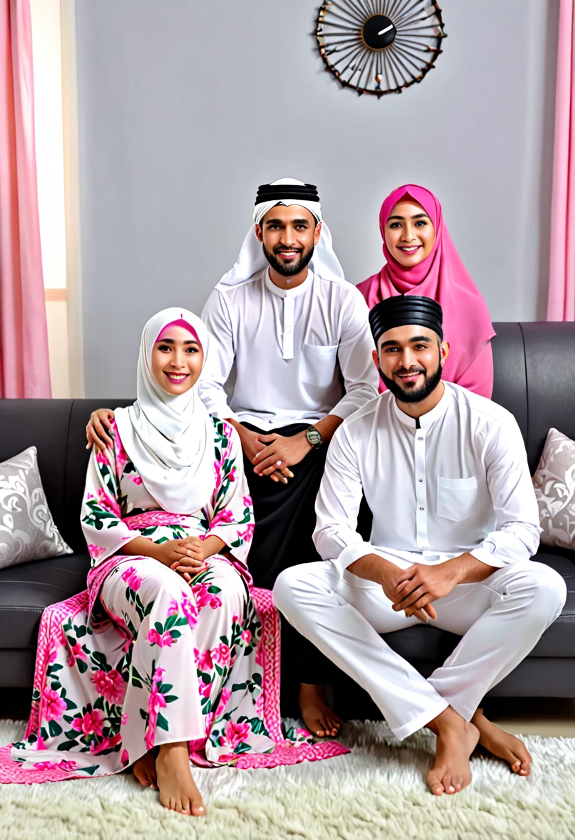 Family portrait of 4. Moslem family. middle age Dad wearing white koko, sarong and black kopiah. middle age Mom wearing pink hijab and floral dress. Young man wearing black kopiah and sarong. Young women wearing hijab and dress. They sat on couch with living room background. 4k. high detailed. 3d realistic look.