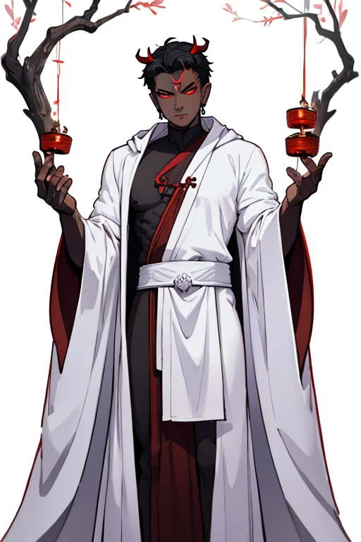 male, red eyes, demon, handsome, branch like horns, black skin, skull like head, (((1boy))), (((white Buddhists robes))), slightly muscular, long legs
