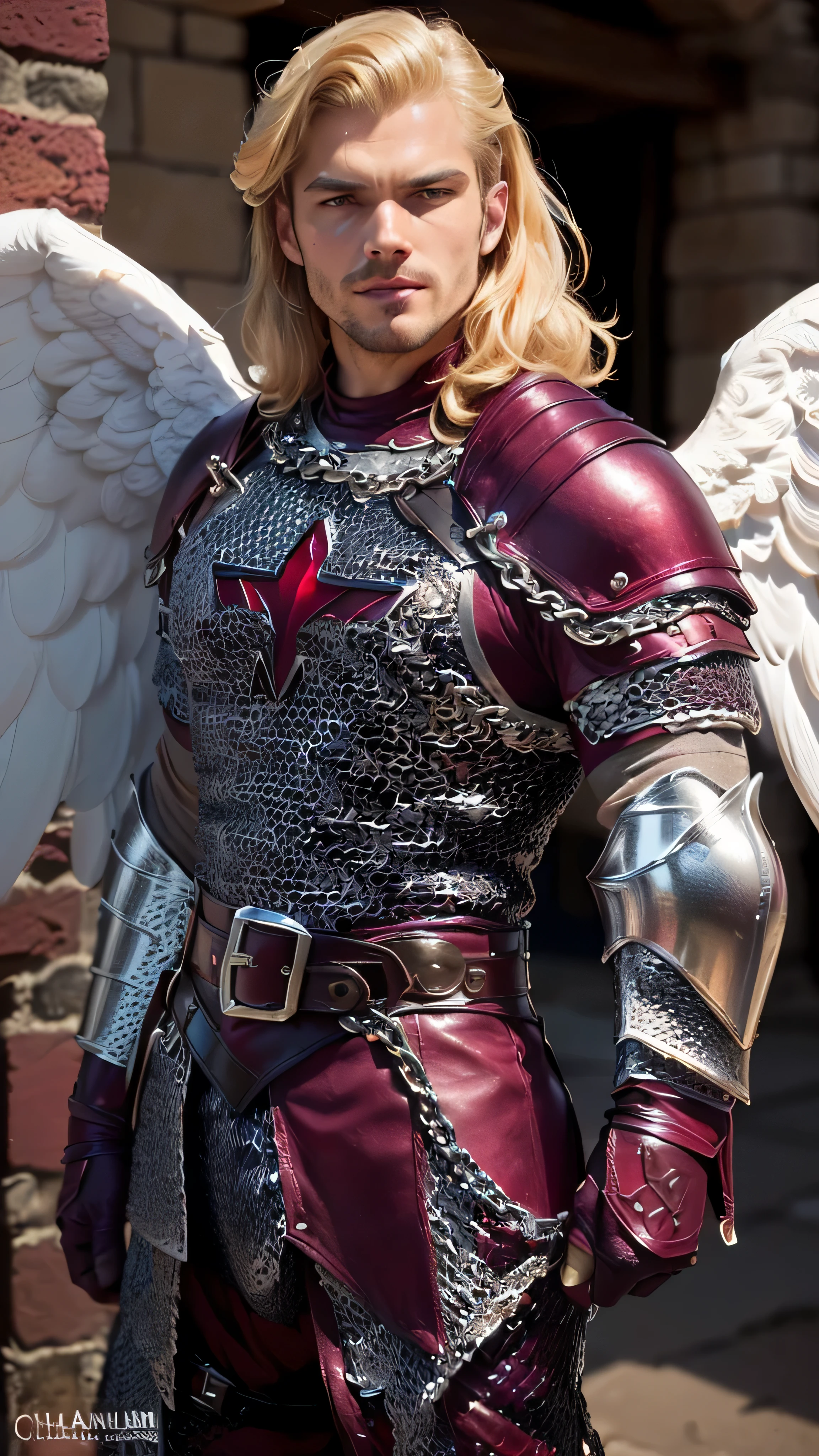 ((masterpiece)), intricate details, sharp focus, professional, real life, realistic representation of the face, dynamic pose, (((solo Man, masculine, ((medieval armor:1.6, maroon matte black perfectchainmail)), vintage 50's pin-up, wide white angel wings, leather belt), [blonde hair:pink hair:0.7], superhero pose, smirking))
