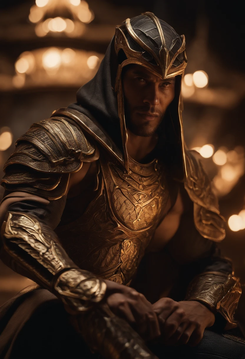 A cinematic marvel: Mortal Kombat's Scorpio Emerges in Ultra Hyper-Realistic Glory in Unreal Engine 5, adornado em um resplandecente traje moderno real que brilha com intrincados fios dourados e tecidos texturizados luxuosos. Seus olhos brilham como fogo, casting an unearthly glow while wielding flames in legendary combat, creating a mesmerizing spectacle of power and elegance. Cada detalhe, from the strands of his burning mane to the ethereal smoke that curled around him, is captured in stunning ultra-high 8K detail, transporting you to a realm where myth and reality intertwine."