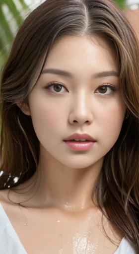 (Best quality, 4k, Masterpiece :1.3), gorgeous woman, 1girl, (skinny, fit, perfect body :1.2), abs :1.1, dark brown hair: 1.1, (rainy wet, wet body :1.2), under palm trees, ultra-detailed face, detailed lips, detailed eyes, double eyelid, large breasts