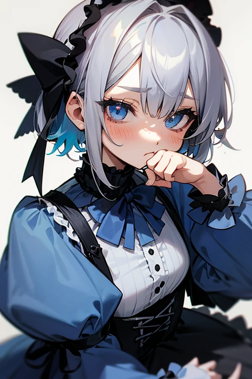 short gray hair, blush, Gothic ta、punk fashion、Headbang 2.、blue clothes、