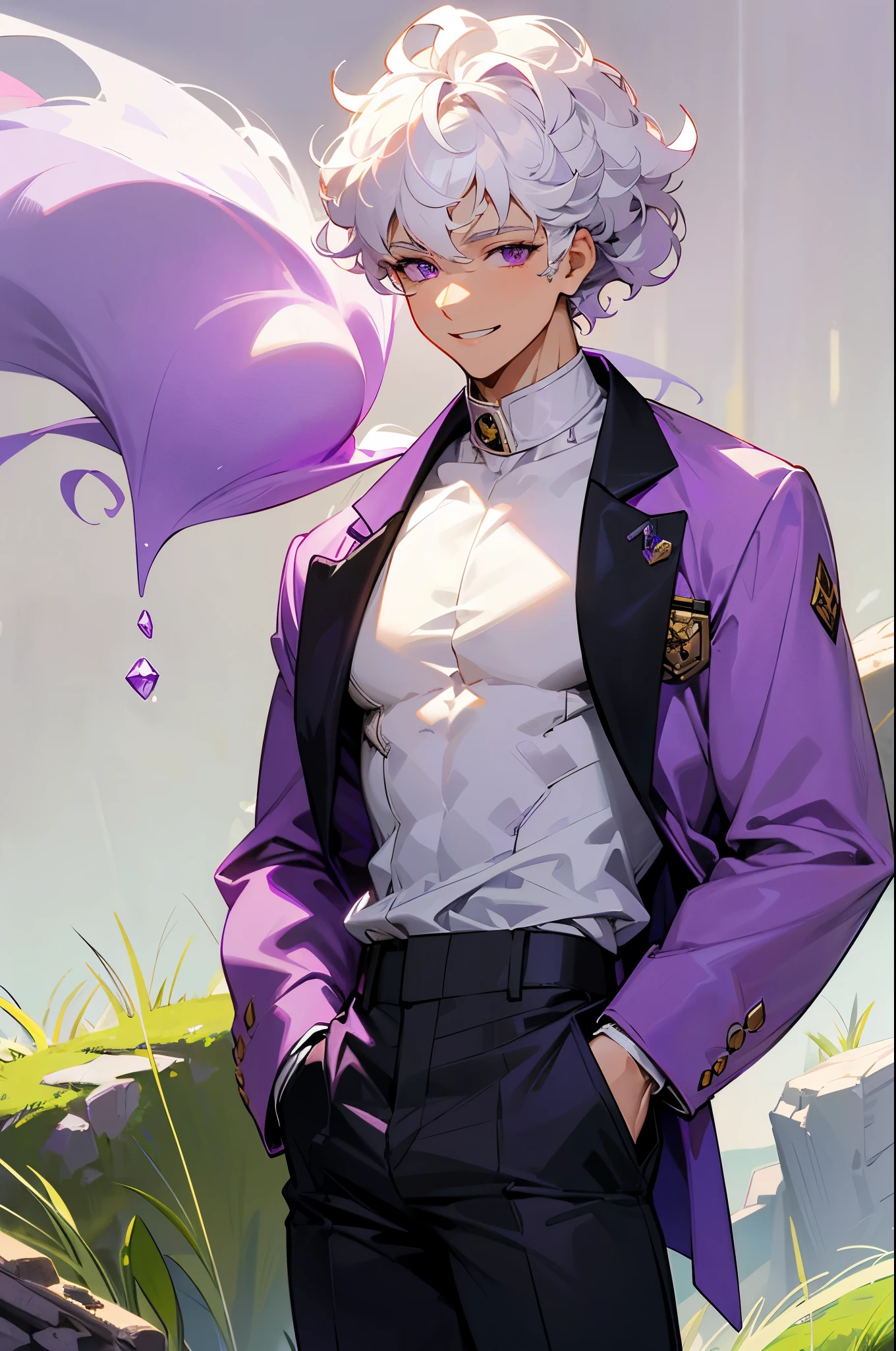 White Hair, Curly hair, Purple Eyes, muscular, young male, purple gem on chest,smileing expression, hands in pockets, rocky background, grassy background, white shirt, purple jacket, black pants, man bun