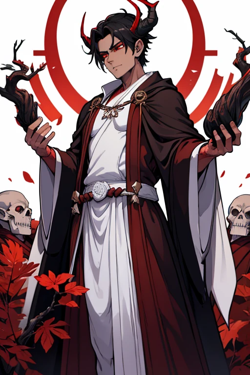 male, red eyes, demon, handsome, branch like horns, black skin, skull like head, (((1boy))), (((white Buddhists robes))), slightly muscular, long legs