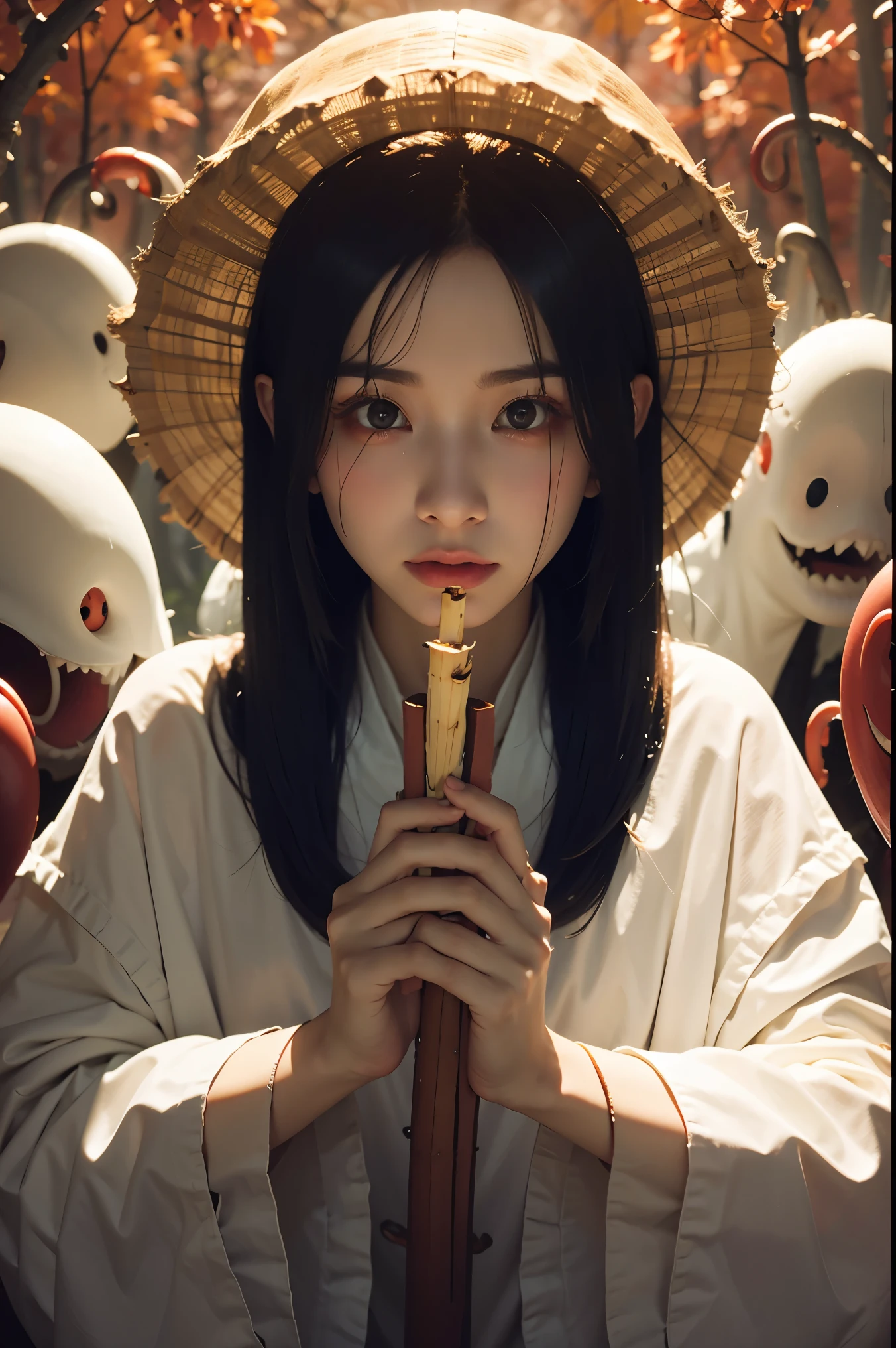 Chinese vampire with a bamboo hat, blood bending, blood powers, one golden eye, Best Quality, Ultra High Resolution, (Realism: 1.4), Depth of Field