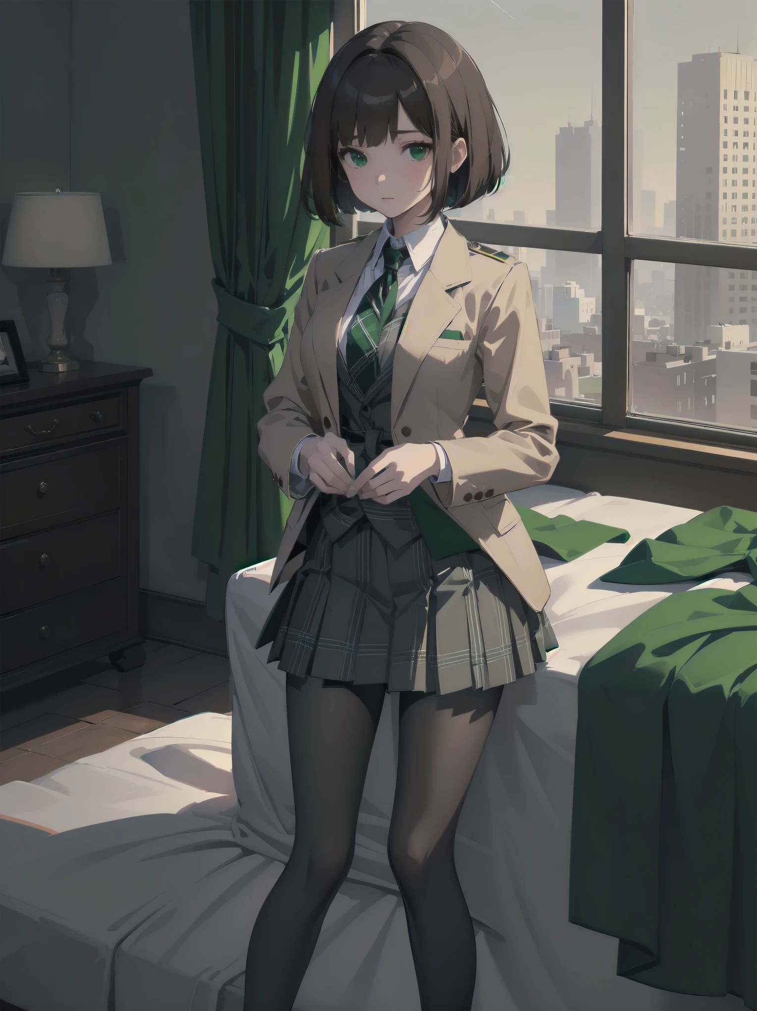 Top-High quality、Highest image quality、masterpiece、high contrast、Vulgarity、high school girl、on the bed、brown hair、bob cut、uniform、(brown blazer)、ribbon tie、(Green and gray plaid skirt)、(black tights)、cinematic lighting、fine shading