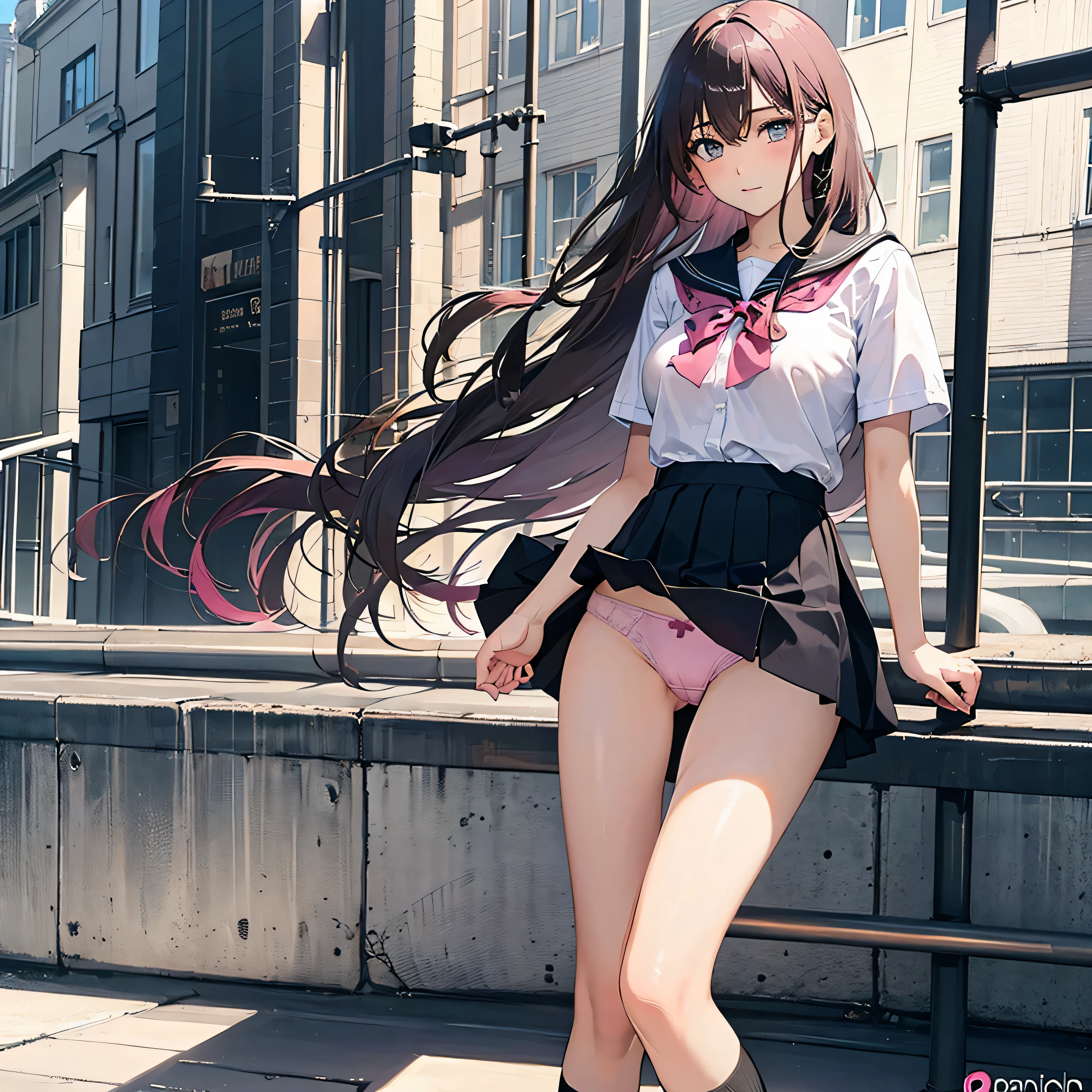 (masterpiece, highest quality), (realistic),(beautiful illustrations),beautiful eyes,accurate eyes,
looking at the viewer,
1 girl, (pink long hair), blown hair, bangs, hair between eyes, Big breasts beautiful hair, beautiful face, ((detailed and beautiful eyes)), beautiful clavicle, beautiful body, beautiful breasts, beautiful thighs, beautiful feet, beautiful fingers,
(beautiful scenery), , School,
high school girl,((high school uniform)),(black mini skirt),(bare legs) ,(pink panties), ((The wind blows and the skirt is visible)),((Panties can be seen through the skirt)),standing position,Shooting from the front,Panty shot,full body photo