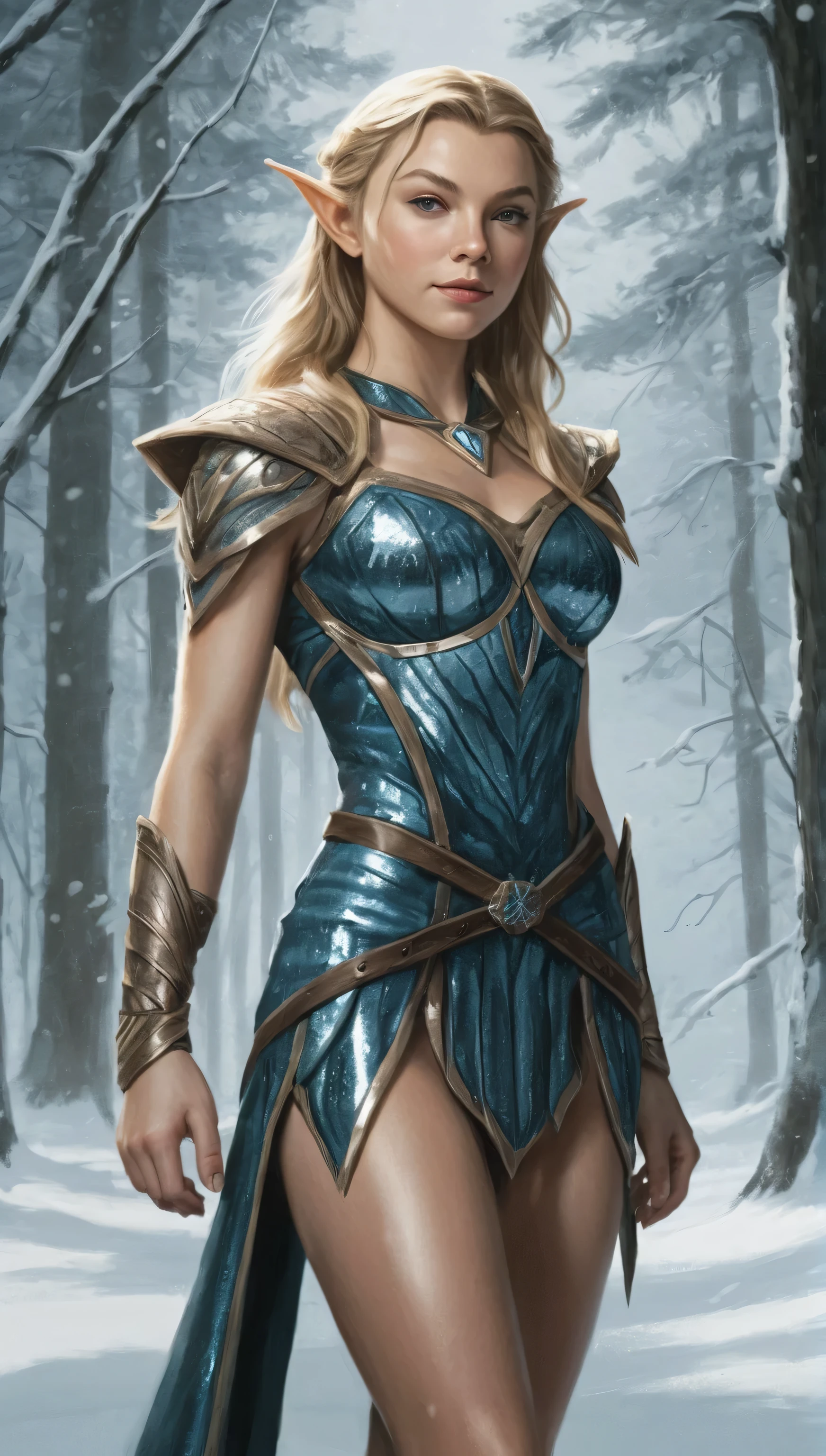 An illustrated movie poster, hand-drawn, full color, a age elven girl, wearing a sequin loincloth, resembles Natalie Dormer, sun-tanned complexion, very tall, athletic body, hourglass figure, curvy, toned midriff, bottom-heavy, generous hips, massive bubble-butt, long legs, ridiculously thick powerful thighs, long pointy elf ears, blonde hair, long loose waves, posing in a snowy boreal forest, hard shadows, graphite shading, stencil marks, airbrushed acrylic paint, masterpiece, in the style of Skyrim