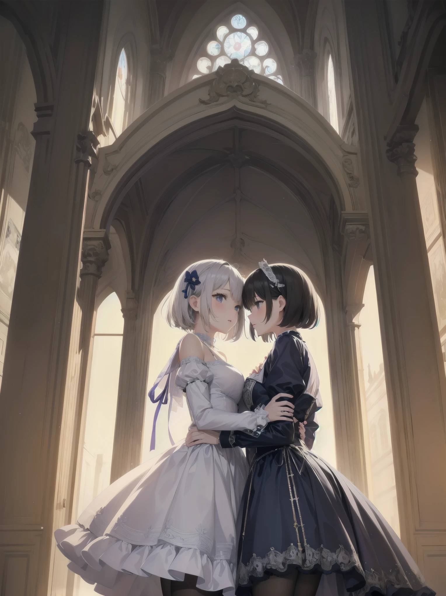 bride: wedding ring shining on ring finger Fusion of medieval European fashion Emphasis on elements of cuteness and adoration Posed illustration of the overwhelming cuteness of the character in the foreground Overwhelming architectural and cityscape background Ultra-detailed, rich, contemporary interpretation of medieval Europe and fantasy world Realistic textures, Professional artistic shading and light sources, scene-like cinematography and effects, depth of subject One beautiful girl, super cute, bob cut, side ponytail, perfect anatomy
Colours: pastel, white, pale purple, blue, gingham check
Materials: chiffon, lace, satin, velvet, etc. Silhouette: fluffy skirt, A-line, long length
Decoration: frills, ribbons, lace, pearls, embroidery etc. Coordinates Romantic princess: pastel dress, lace blouse, fluffy skirt, ribbon hair accessory, black tights Add accessories and accessories to personalise.