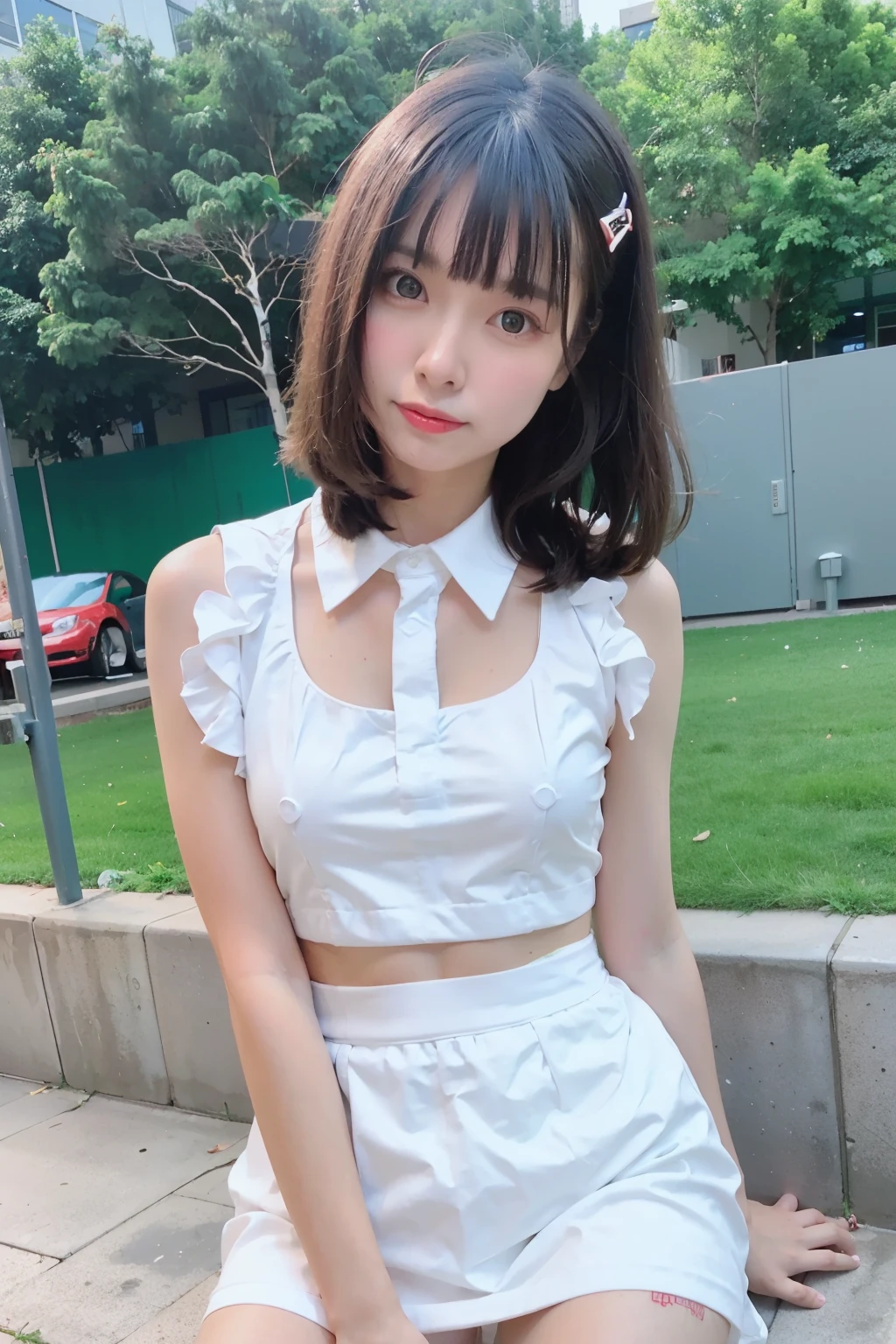 realistically, 1 girl, black hair, brown eyes, stream, glowing eyes, white short skirt, red lips, Blush, white cat, rain, Sleeveless crop top dress, big breasts, Sit on your knees., (Sit on your knees.)