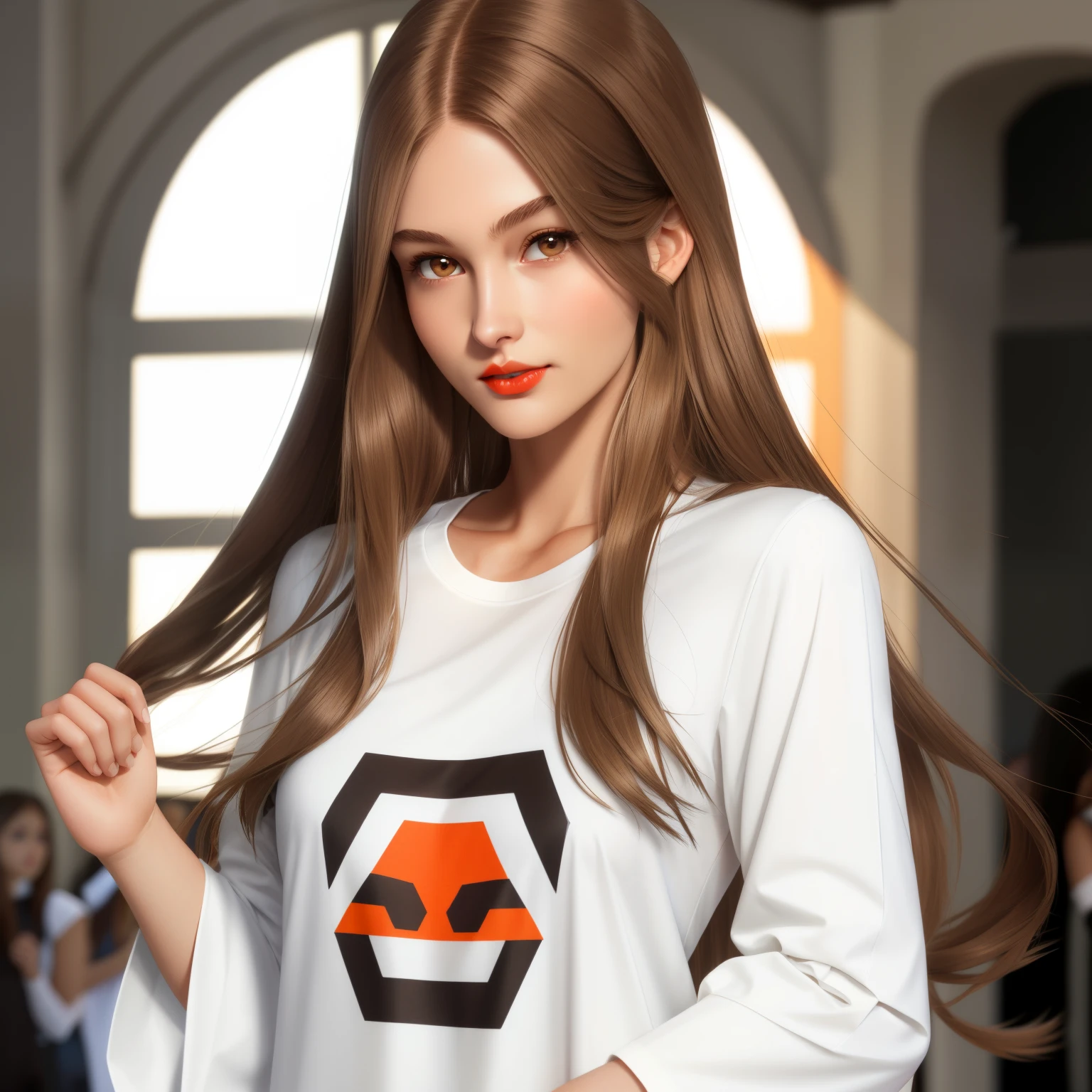 Girl, long soft brown hair, gray eyes, sharp features, white skin, orange lips, T-shirt with sleeves