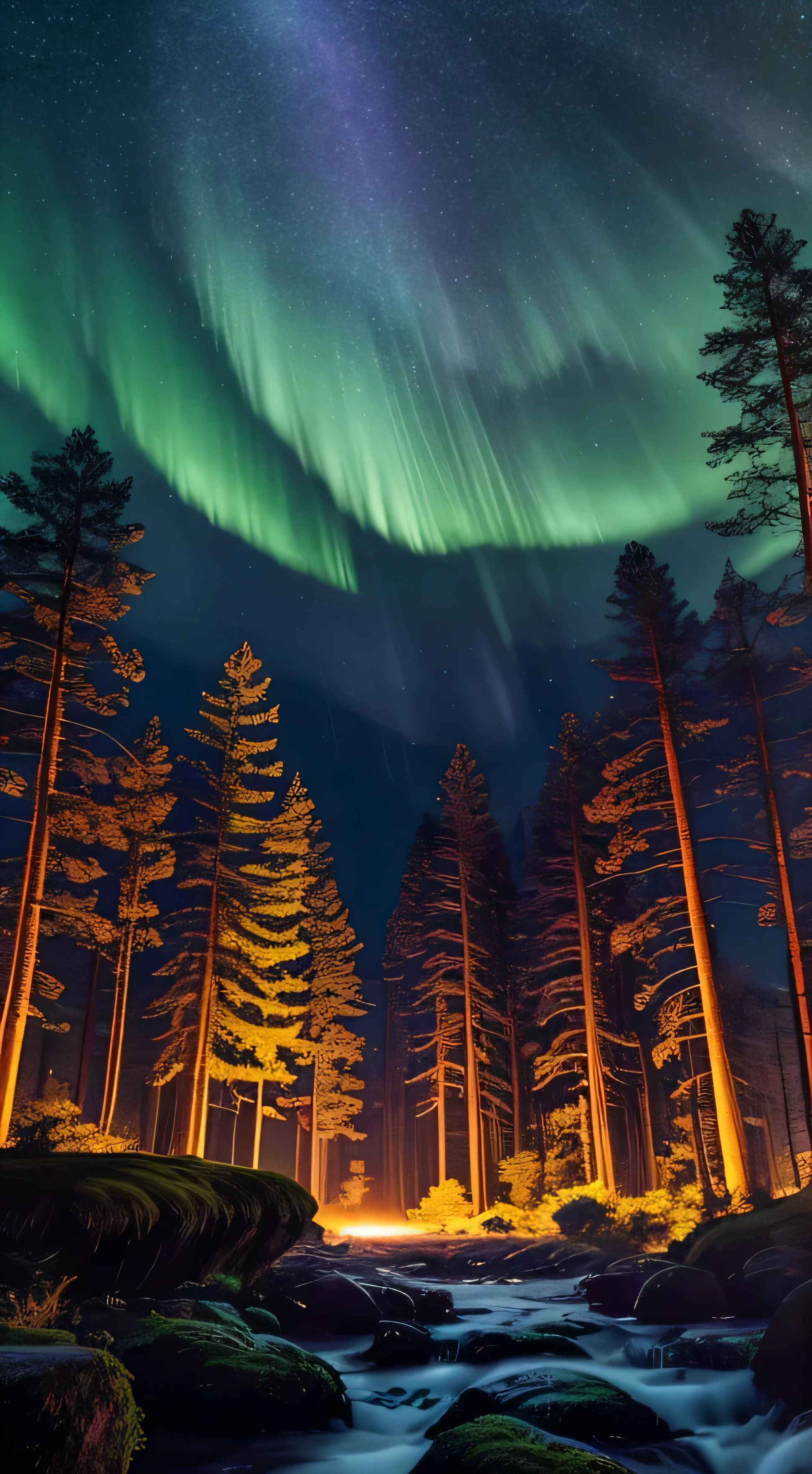digital landscape that combines elements of nature and technology. It features a vast, starlit sky filled with shimmering constellations and a mesmerizing aurora borealis dancing in the distance. Below, a lush, mystical forest unfolds, with ancient trees towering high and mysterious creatures peeking out from behind the foliage. Soft, ethereal glow emanates from intricate patterns of glowing symbols that float and swirl around, creating an otherworldly atmosphere. The overall ambiance is one of tranquility, magic, and endless possibilities.
