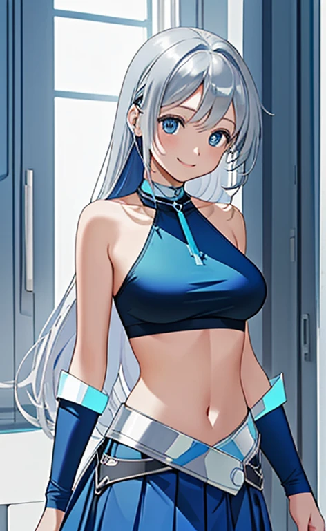 masterpiece, highres, best quality, absurdres, official, 1girl, solo, lh1, hair ornamnet, long hair, painted clothes, bodypaint, pussy, short shorts, sports bra, choker, nipple, sweat, captivating smile, blush, pussy juice, venue, Evil smile, lipstick, mascara, makeup, parted lips, NTRGAO, cowboy shot, indoors