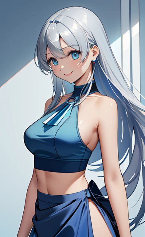 ((masterpiece、top-quality:1.5、a high chroma:1.5、ultra-detailliert、high-resolution illustrations:1.5、Ultra-high-definition CG、8k size wallpaper、offcial art))、(upper body)、(1girl),(light smile
:1.5)、(clear face:1.3),(standing),
(silver-only color scheme:1.5,blue-only color scheme:1.5),(y body),(One only wears silver, one only wears blue),(neck holder crop top,micro skirt),(long hair), (large bre()、