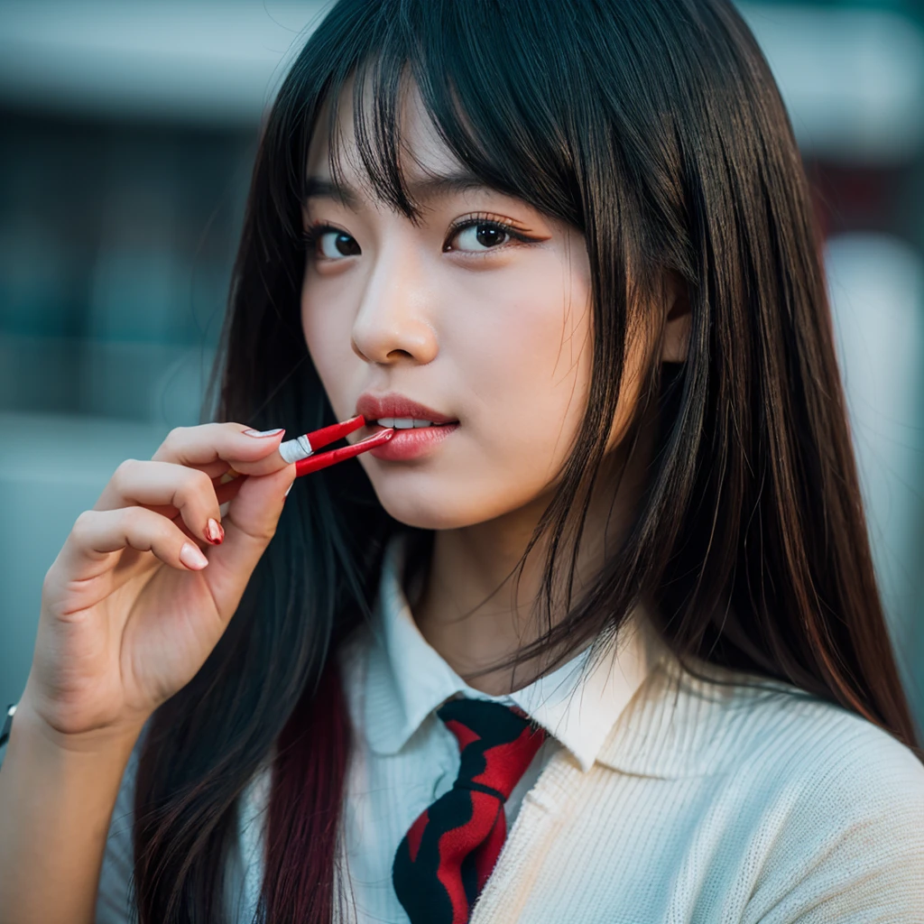 Asian girl with long black hair with red tips holds a cigarette in her mouth