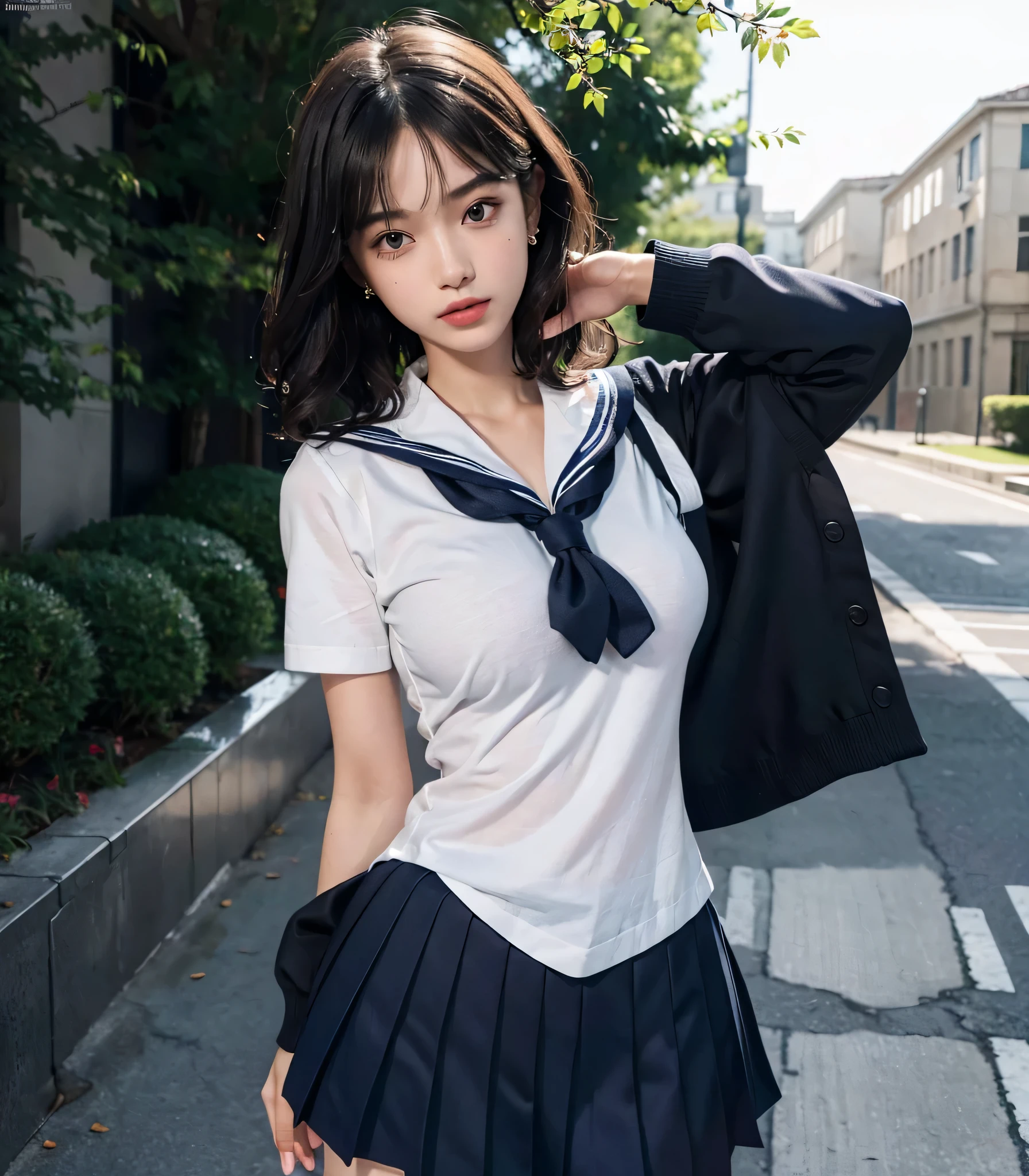 absurdres, RAW photo, extremely delicate and beautiful, masterpiece, Best Quality, ultra high resolution, 32k, hyperrealistic, ultra-detailed, perfect anatomy, perfect figure, super Detailed skin, Very detailed CG 8k wallpaper, very Slim body, narrow waist, very small head, very small face, delicate facial features, tearful mole, earring, thin legs, (very huge round breasts:1.3), full body shot, (solo:1.2), short hair, (wavy hair:1.2), wet clothes, (school uniform, sailor uniform:1.3),