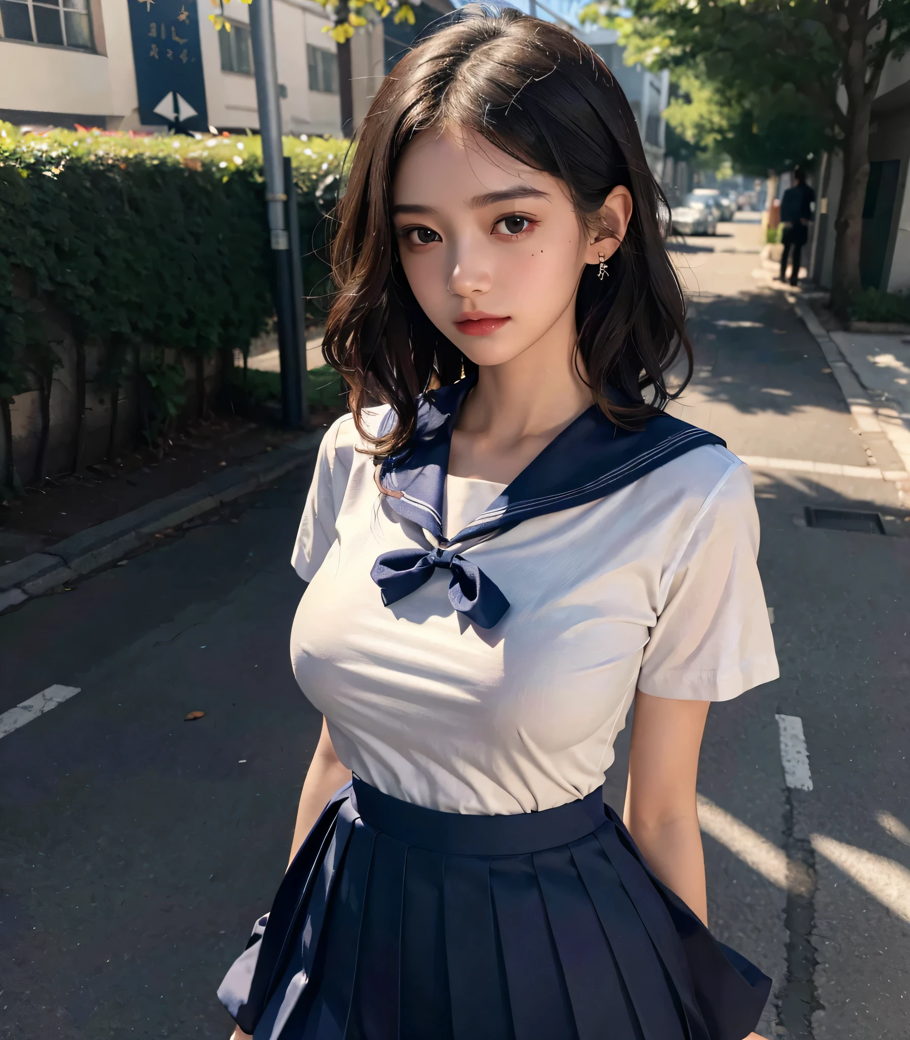 absurdres, RAW photo, extremely delicate and beautiful, masterpiece, Best Quality, ultra high resolution, 32k, hyperrealistic, ultra-detailed, perfect anatomy, perfect figure, super Detailed skin, Very detailed CG 8k wallpaper, very Slim body, narrow waist, very small head, very small face, delicate facial features, tearful mole, earring, thin legs, (very huge round breasts:1.3), full body shot, (solo:1.2), short hair, (wavy hair:1.2), wet clothes, (school uniform, sailor uniform:1.3),