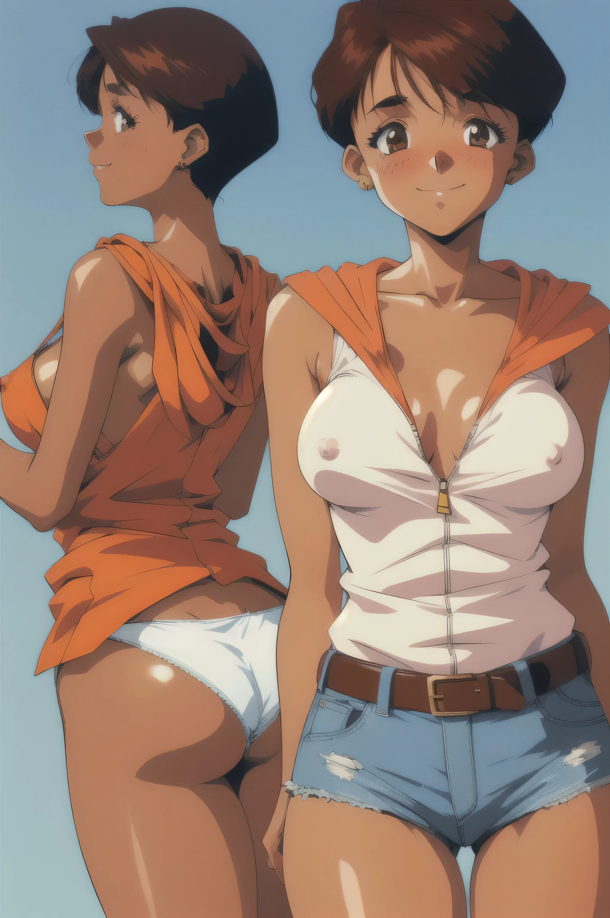 (masterpiece, 8K Anime, High resolution, Anime Gloss, retro art style, Clean brush strokes, very detailed, perfect anatomy, NSFW), mizukito, 1 girl, alone, (tan:0.8), earrings, (orange hoodie, Unzip your hoodie), White sleeveless shirt, (Super denim shorts, Unzip your pants), (belt, Remove the belt), (I can see your panties, White mini panties), smile, blush,