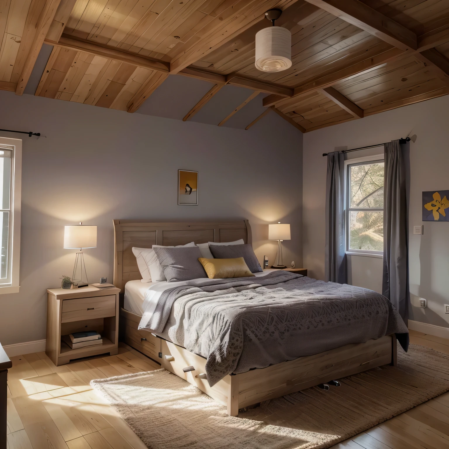 A perspective view of medium master bedroom in a ,interior with a bed, headboard up to ceiling, side table, storage,show door, window on one wall with curtain , use birch wood floor,purple, yellow, and gray, ceiling cove lighting, table and painting lamp, buddha painting on a wall, 4k,make this design into simple pencil design