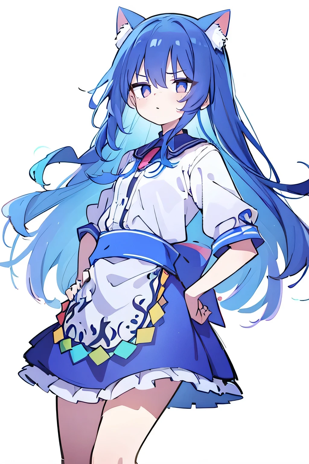 (masterpiece),best quality, expressive eyes, perfect face, 1girl,
 Put your hands on your waist,fair, Gorgeous,Japanese cartoons,girl,lola,Hina Angel, blue hair, blue haired, floating clothes,Grab your waist, Grab your waist, hands on hips , hands on hips,sit, sit on ground, Legs on the ground, flat chest,cat ear,