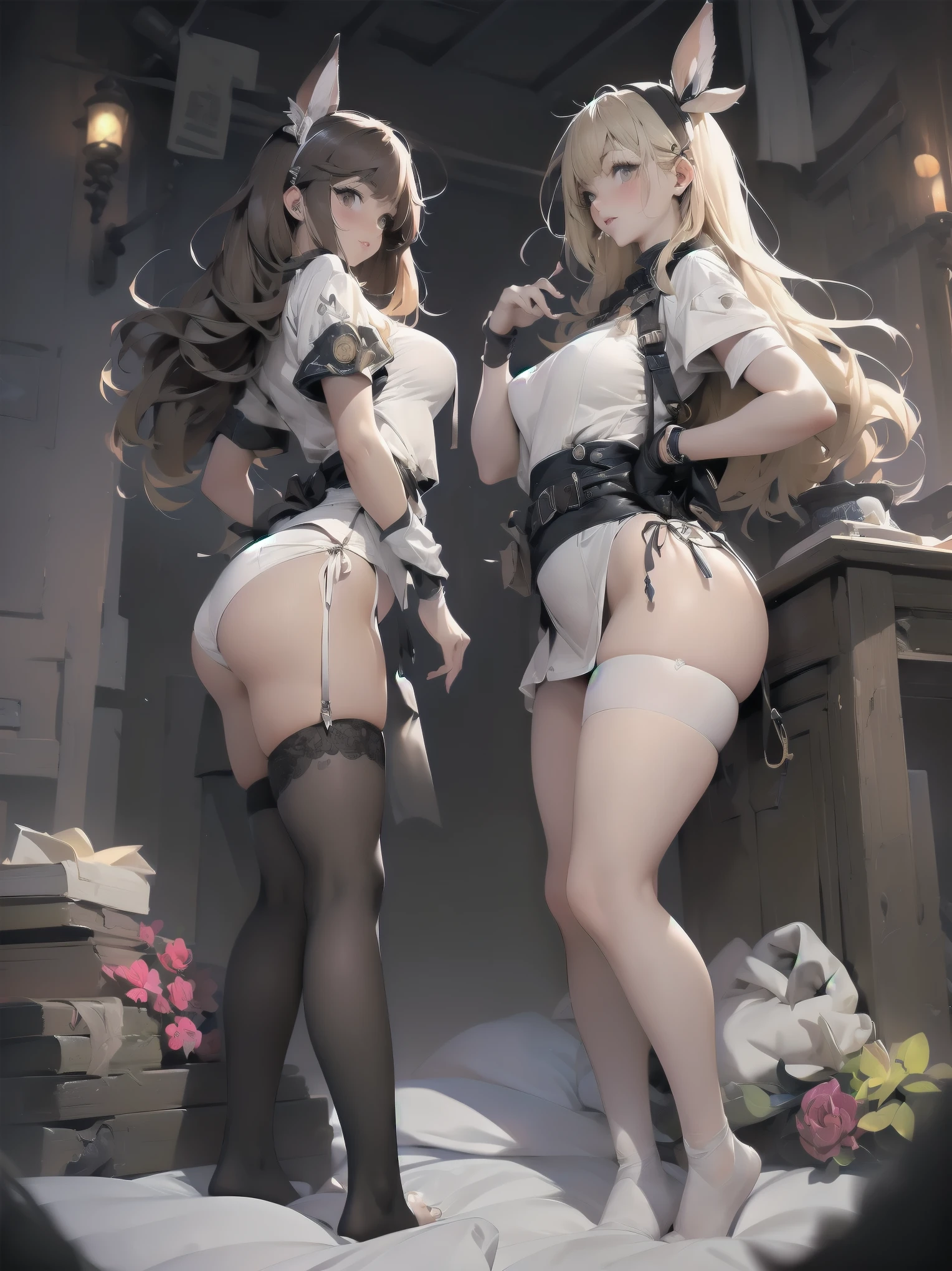 highest quality, masterpiece, Extremely detailed, (full body shot), Front view, symmetry, mature japanese , alone, (alone: 1.3), thin legs, whole body from head to toe, From above, sitting, M-shaped spread legs, look at the viewer: 1.3), small breasts, (Black sheer detail material and shiny tights): 1.2), Underwear made of white silk lace fabric through tights, very beautiful 17 year old girl, I don't have shoes, (blush: 1.3), shy big eyes, (short (brown hairy area), (bangs), messy hair, (hair clip), Lying on white sheets, I'm watching you: 1.3), look at the camera, You can see the white silk lace underwear, white lingerie, high blazer, high white blouse, high blue ribbon, High plaid and navy pleated skirt,
break
(pose to seduce a man: 1.3), (Charming genius girl:1.5), (Best lighting by famous artists: 1.2), 8K, ((Guidance on performing captivating poses by famous masters: 1.6)), ((thighs spread from side to side: 1.35)),
((deep い is written in the depth of the world:1.5)),