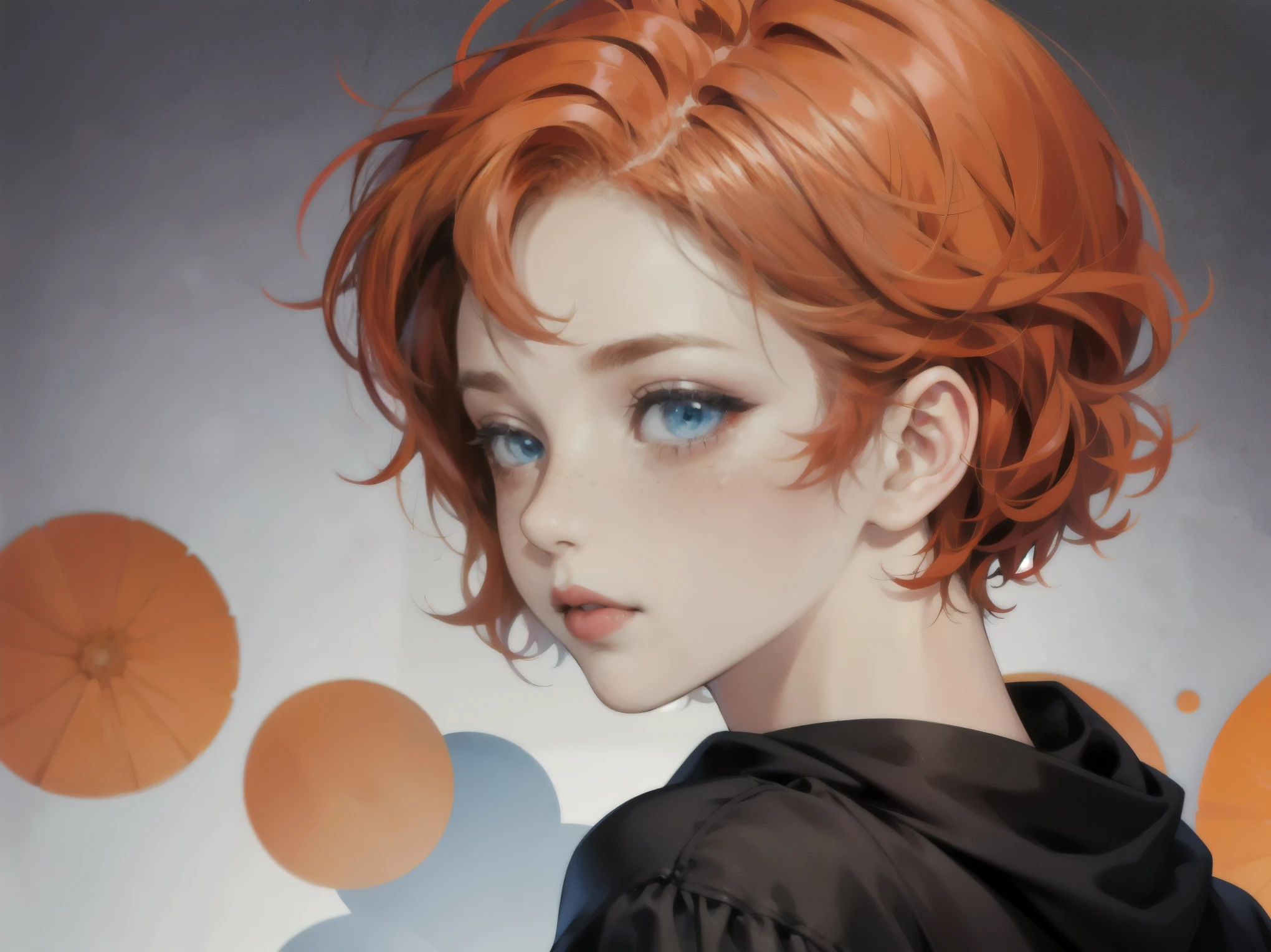 woman, Orange short curly hair+undercut, blue eyes, freckles, blush, Dark Red Lips --Automatic