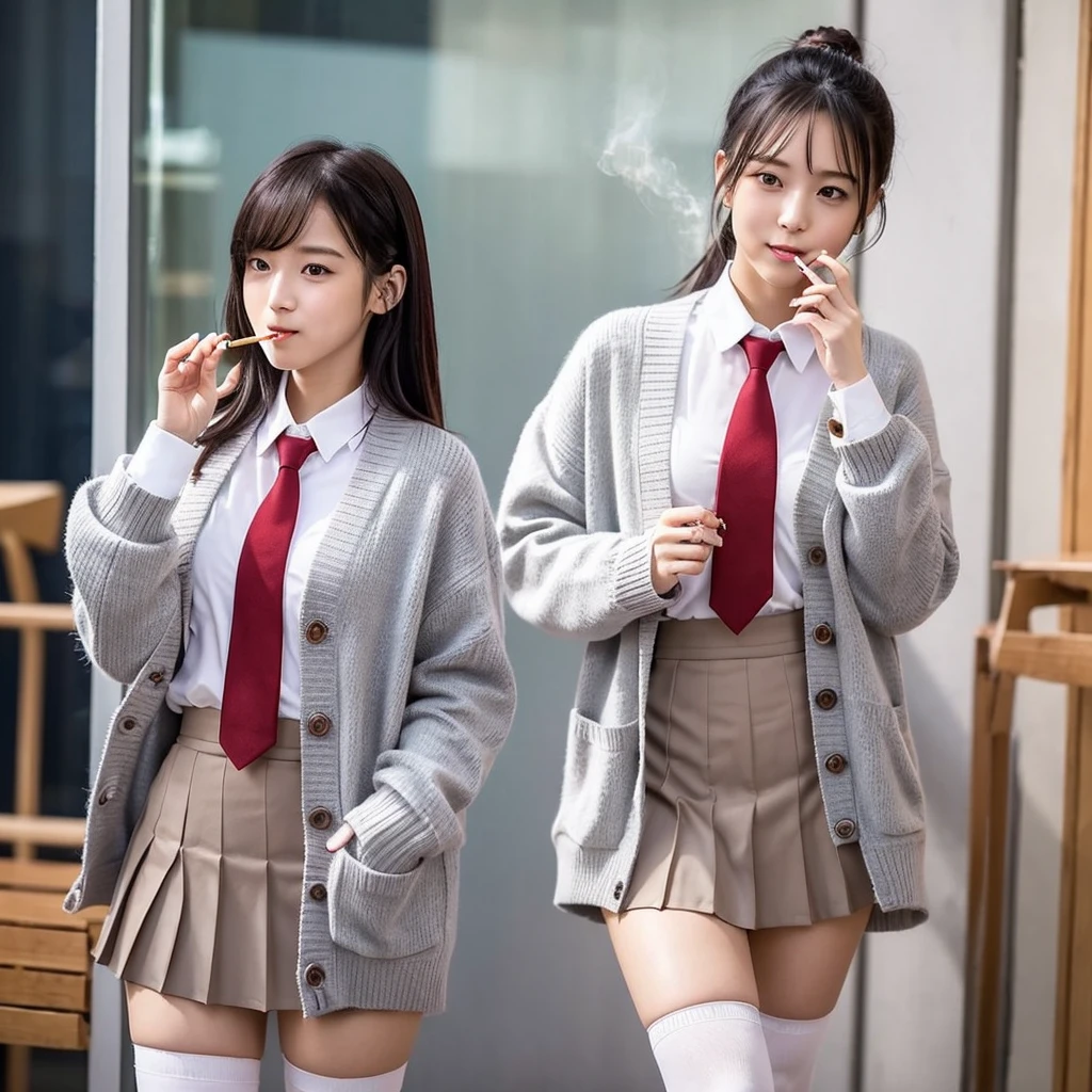 先端が赤く塗られた長い黒髪のアジア人の女の子 がしゃがんでHolding a cigarette in your mouth, (Holding a cigarette in your mouth:1.5), naughty smile, High school , White shirt with wine red tie, gray cardigan, navy pleated mini skirt, white knee socks, Beautiful legs, white thighs, attractive thighs, 