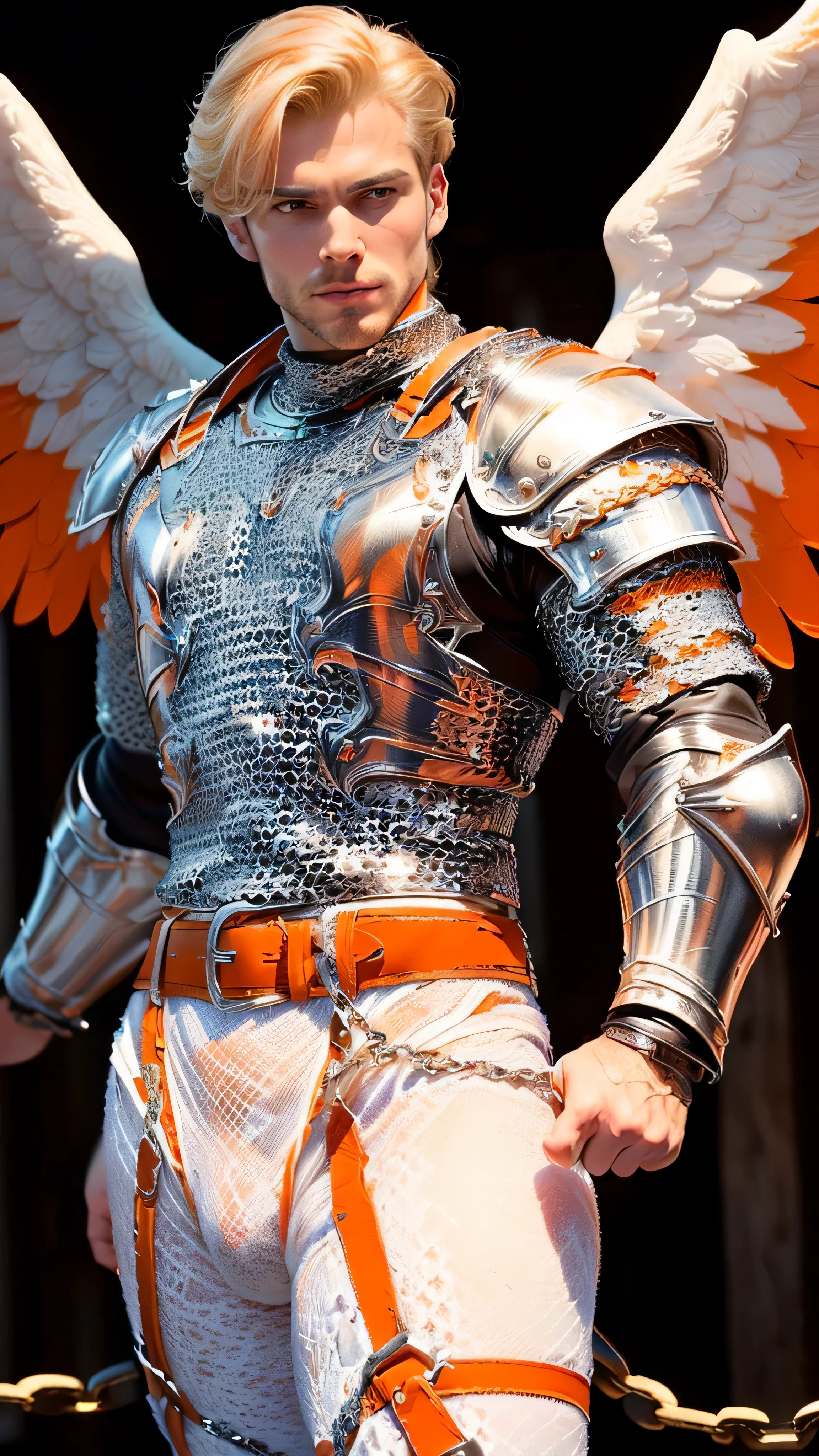 ((masterpiece)), intricate details, sharp focus, professional, real life, realistic representation of the face, dynamic pose, (((solo Man, masculine, ((medieval armor:1.6, orange white black perfectchainmail)), vintage 50's pin-up, wide white angel wings, leather belt), [blonde hair:pink hair:0.7], superhero pose, smirking))