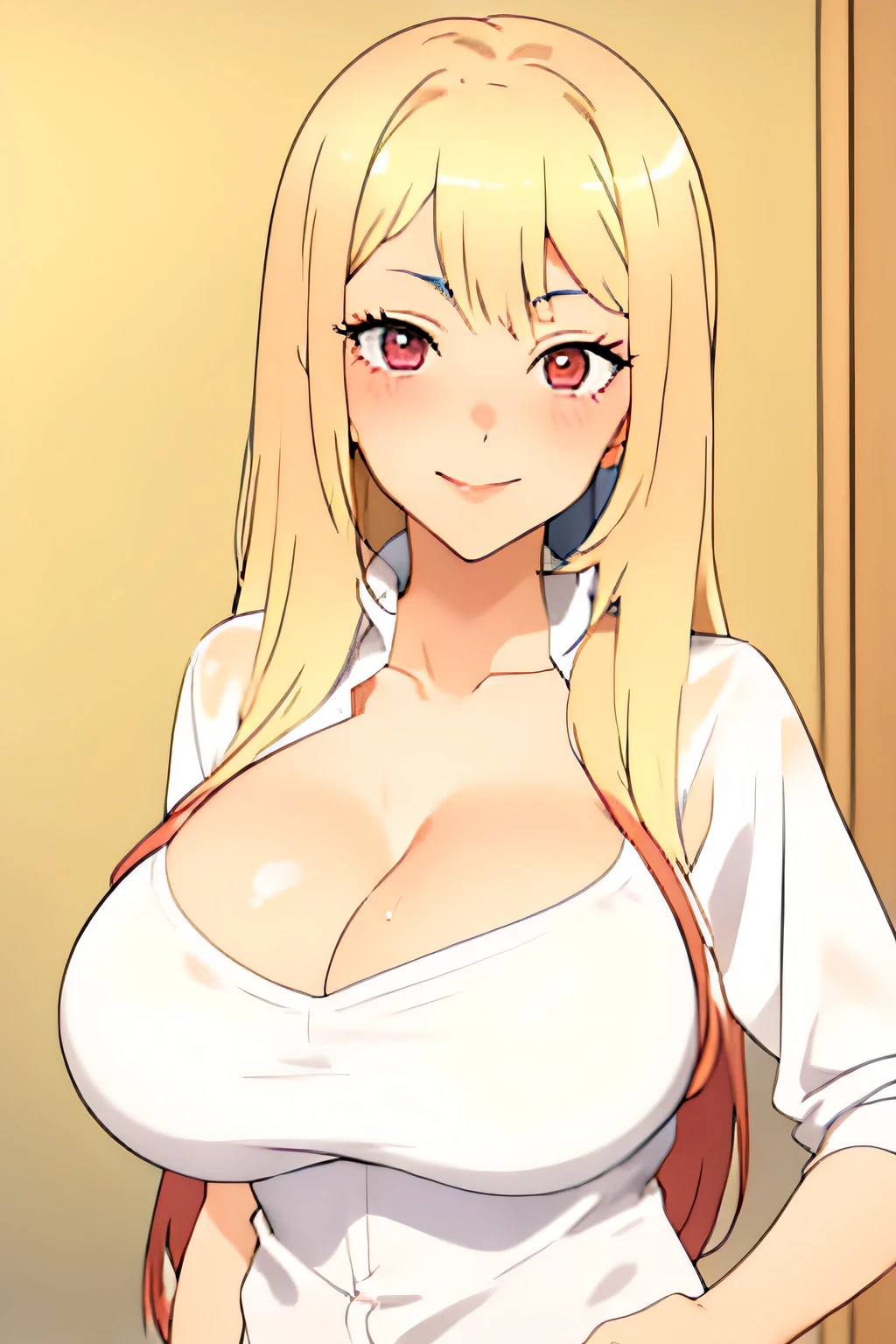 white shirt posing for the camera, seductive anime girl,breasts covered and sfw, big breasts!, sie boob, teasing smile, cleavage high quality, masterpiece, 1girl, marin kitagawa, long hair, yellow hair, bangs, blonde hair, (red eyes:1.5), large breasts, huge breasts, light on breasts, attractive anime girl, attractive breasts,standing, we see her huge breasts, close the camera, look into viewer, light on her breasts, marin kitagawa, marin,
