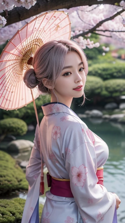 (highest quality、8K、16k、masterpiece、realistic、Super detailed、Beautiful in every detail、ray tracing)、photograph、
break beautiful asian girl、Looks like a Korean idol、25 year old female model、silver hair、Pink mesh hair color、(detailed face、golden ratio of beauty)、((smile))、lip details、fine eyes、short bob hair、silver hair、Super cute face with pink mesh hair and coddle style、slim and beautiful body、beautiful breasts、Glossy skin、
break、
Please generate an image of a Japanese-themed woman wearing a kimono.、that woman&#39;The pose is elegant、The pattern and color of the kimono must express the traditional beauty of Japan.、Kimono that exposes less skin、Uniquely colored kimono、original style、
break 、(The background is a Japanese garden)、Please describe it as a place where you can feel peace.、
Cherry blossoms in full bloom on branches in the foreground,:d,looking_up,(aerial:1.2),available light,