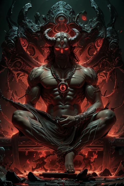 8K,A demon meditatining on his personal apotheosis , surrounding the demon with a subtle, pulsating magical aura, enhancing the sense of mysticism and raw energy emanating , ,muscular macho body,The lower body is covered with black hair,sharp nails,barefoot,rugged rock surface,masterpiece,Photorealistic RAW photos of the highest quality inspired byv1.0 Necronomicon Pages ,bright colors,rich colors, Backlight, cinematic lighting, film grain, 50mm lens, Nikon D850,beautiful expression,fantasy art,character art,