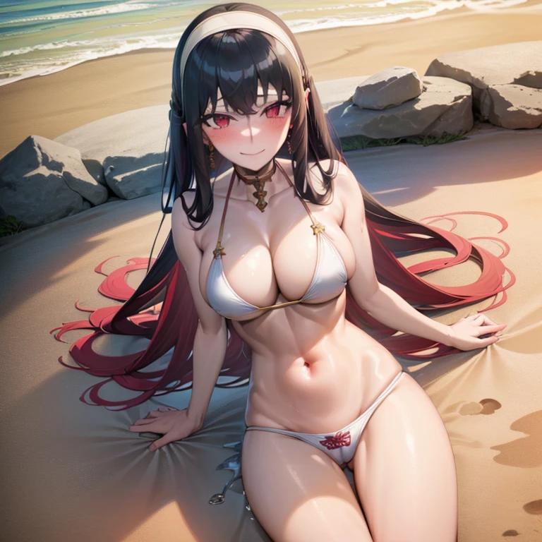 Youghal_forger, 1 girl, alone, long hair, looking at the viewer, blush, big breasts, black hair, red eyes, belly button, jewelry, closed mouth, clavicle, side lock,, hair band, earrings,  ,Are standing, outdoor, beach, swimsuit, bikini, panties, cleavage,
, naughty face, enchanting smile, white hair band, happy
 very detailed hair, shiny hair, messy hair,  masterpiece, highest quality,, (died, anime, exceptional, best aesthetics, new, newest, highest quality, masterpiece, very detailed:1.2),