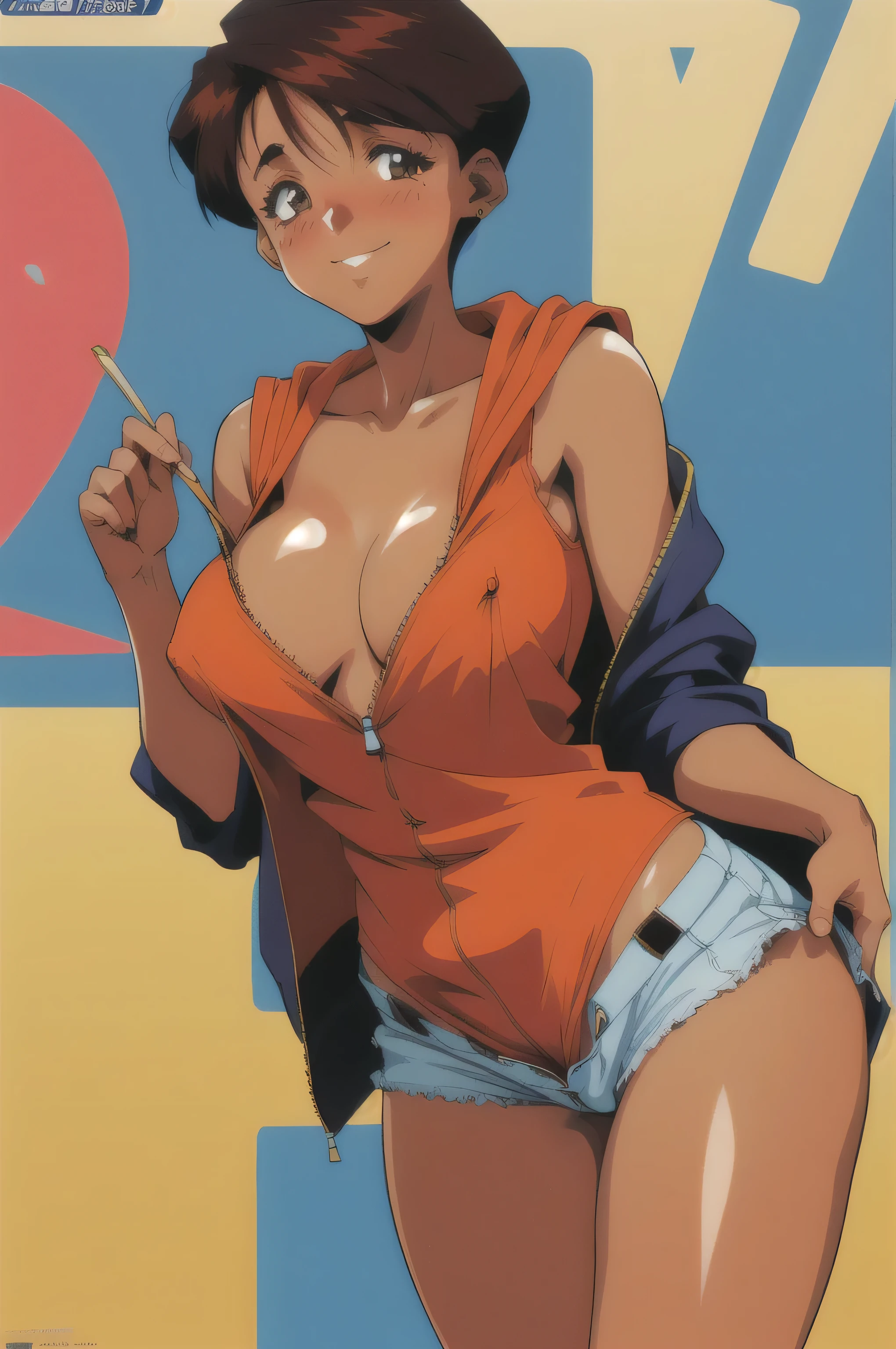 (masterpiece, 8K Anime, High resolution, Anime Gloss, retro art style, Clean brush strokes, very detailed, perfect anatomy, NSFW), mizukito, 1 girl, alone, (tan:0.8), earrings, (orange hoodie, Unzip your hoodie), White sleeveless shirt, (Super denim shorts, unzip the shorts), belt, (I can see your panties, white panties), smile, blush,