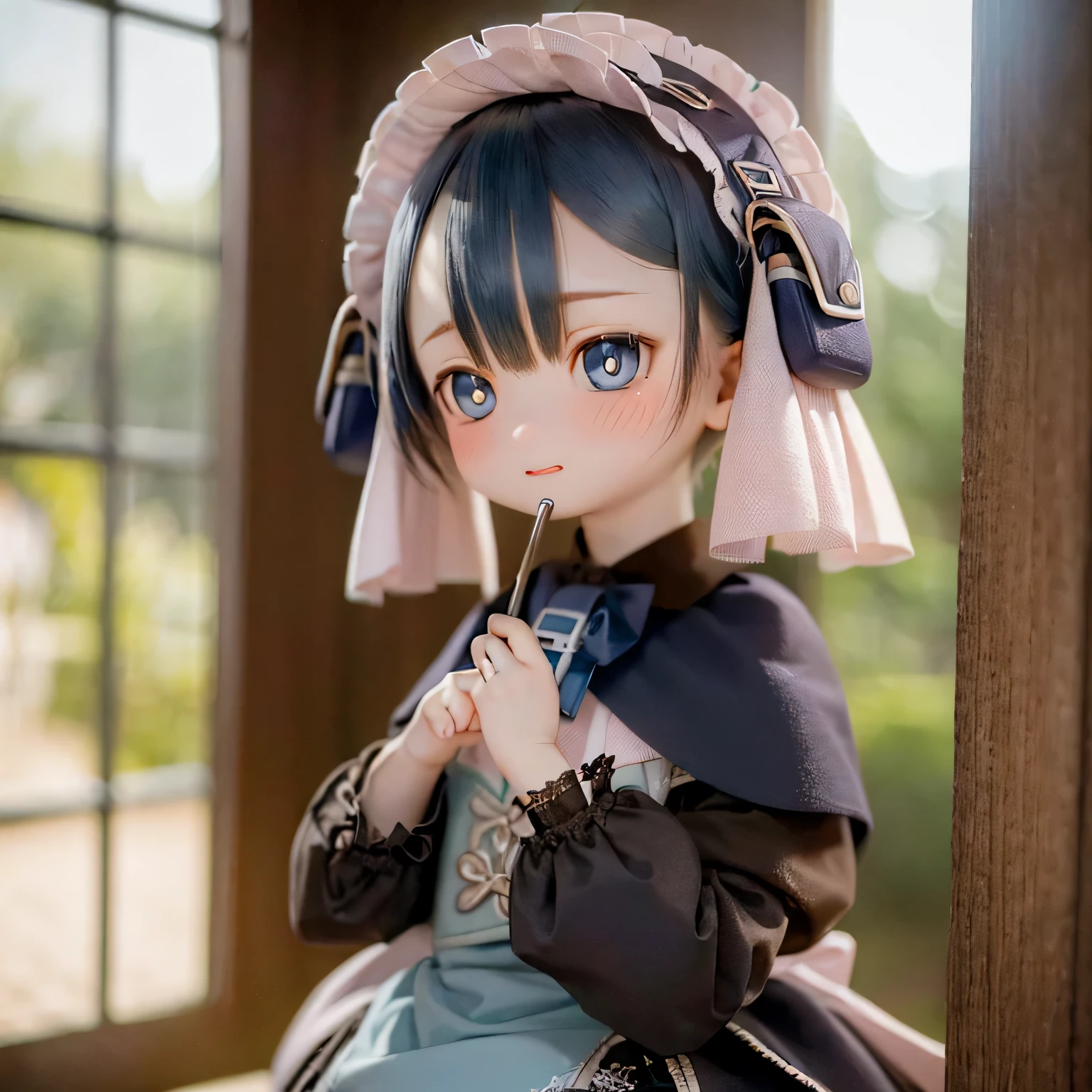 (best quality, highres, masterpiece:1.2),ultra-detailed,realistic:1.37,Maluluk from Made in Abyss,(best quality, highres, 4k, ultra-detailed, masterpiece:1.2), realistic, HDR, vivid colors, sharp focus, studio lighting, extreme detail description, professional, portraits, anime, blue tones, natural lighting, girl, blonde curly hair, flat chest, gothic lolilothes, innocent expression, delicate features, long eyelashes, expressive eyes, rosy cheeks, soft lighting, dreamy atmosphere, whimsical background(((((((curtsey)))))))full body inside the mansion
holding a broom casual