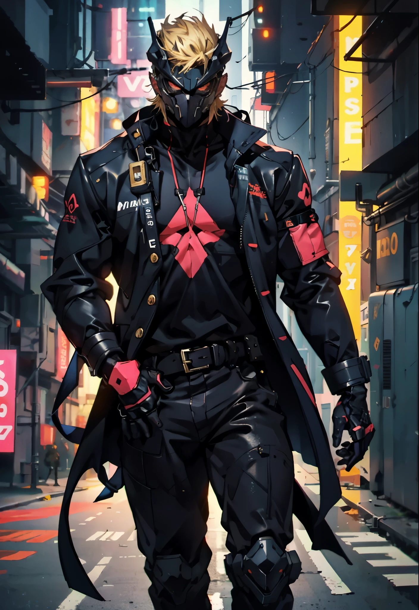 An adult man with tousled and messy dark blonde hair, a metallic beast concept mask covering his entire face, full mask, cold and penetrating gaze, a sturdy physique, a loose cyberpunk-style short jacket over a T-shirt, metal wrist guards, a belt around his waist, loose utility pants, adopting a relaxed posture within the cyberpunk-style city, city night view, this character embodies a finely crafted cyberpunk-style masked warrior in anime style, exquisite and mature manga art style, high definition, best quality, highres, ultra-detailed, ultra-fine painting, extremely delicate, professional, perfect body proportions, golden ratio, anatomically correct, symmetrical face, extremely detailed eyes and face, high quality eyes, creativity, RAW photo, UHD, 32k, Natural light, cinematic lighting, masterpiece-anatomy-perfect, masterpiece:1.5
