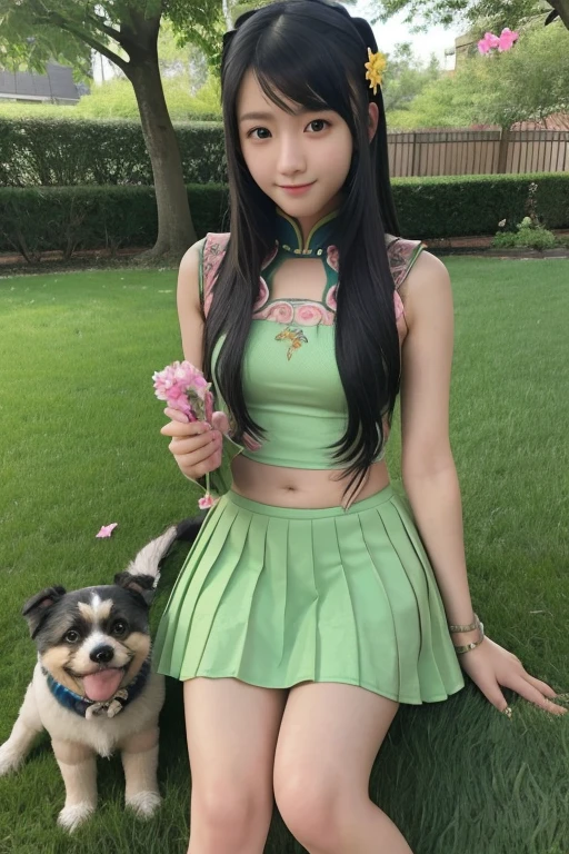 Guan Yinping, black hair, brown eyes, hair accessories, hair flower, whole body, pretty face，Lovely，high school student，blue green yellow，Slim figure，girl，short skirt，garden，walk，pet，Big dog，holding dog in hands，sitting，sit on the grass