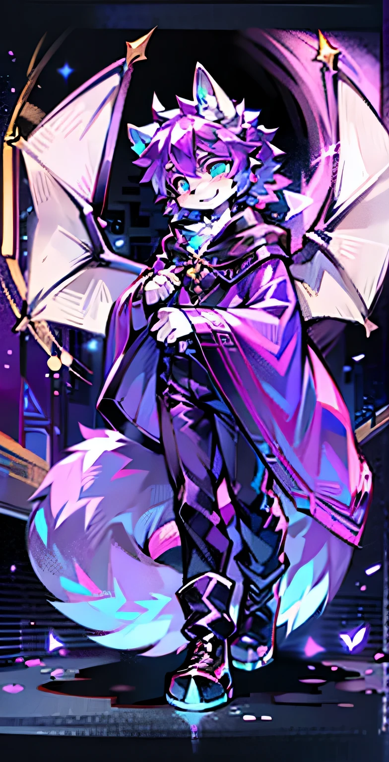whole body,Lilac wolf,male,A pair of dragon wings,Wolf's tail,Two-dimensional cuteness,Black shawl,Purple long-sleeved clothes,black pants,The clothes are tightly wrapped,Purple particle effect,furry characters,cyan pupils,no hair,black boots,There is a diamond-shaped purple gem on the chest,Adults,Thinning hair on the head。