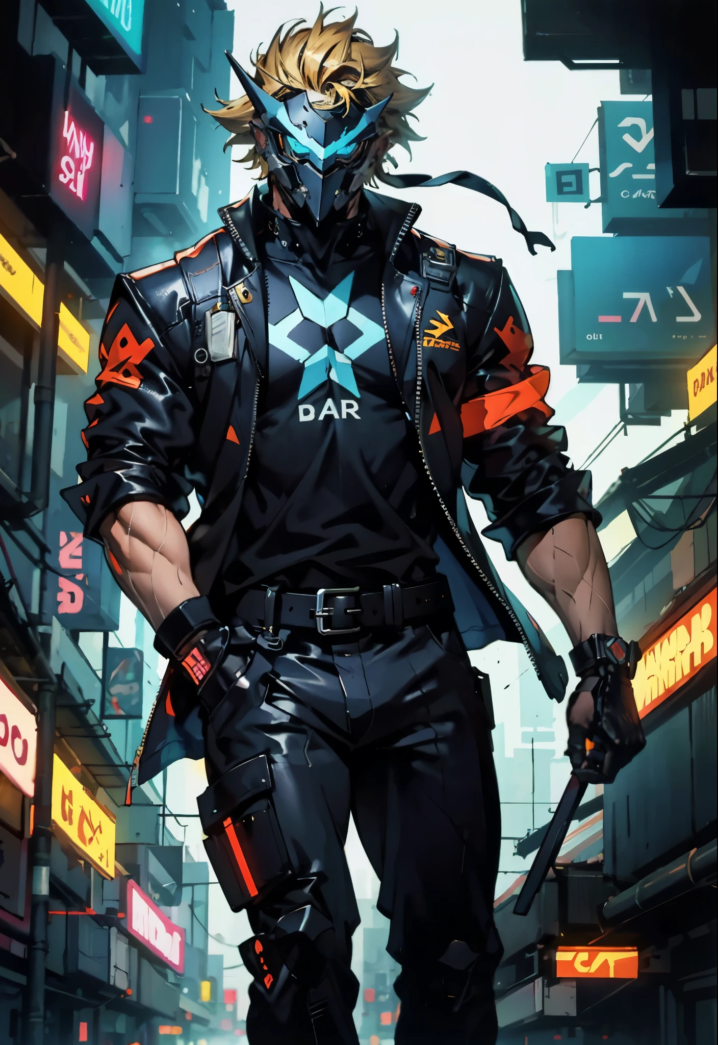 An adult man with tousled and messy dark blonde hair, a metallic beast concept mask covering his entire face, full mask, cold and penetrating gaze, a sturdy physique, a loose cyberpunk-style short jacket over a T-shirt, metal wrist guards, a belt around his waist, loose utility pants, adopting a relaxed posture within the cyberpunk-style city, city night view, this character embodies a finely crafted cyberpunk-style masked warrior in anime style, exquisite and mature manga art style, high definition, best quality, highres, ultra-detailed, ultra-fine painting, extremely delicate, professional, perfect body proportions, golden ratio, anatomically correct, symmetrical face, extremely detailed eyes and face, high quality eyes, creativity, RAW photo, UHD, 32k, Natural light, cinematic lighting, masterpiece-anatomy-perfect, masterpiece:1.5