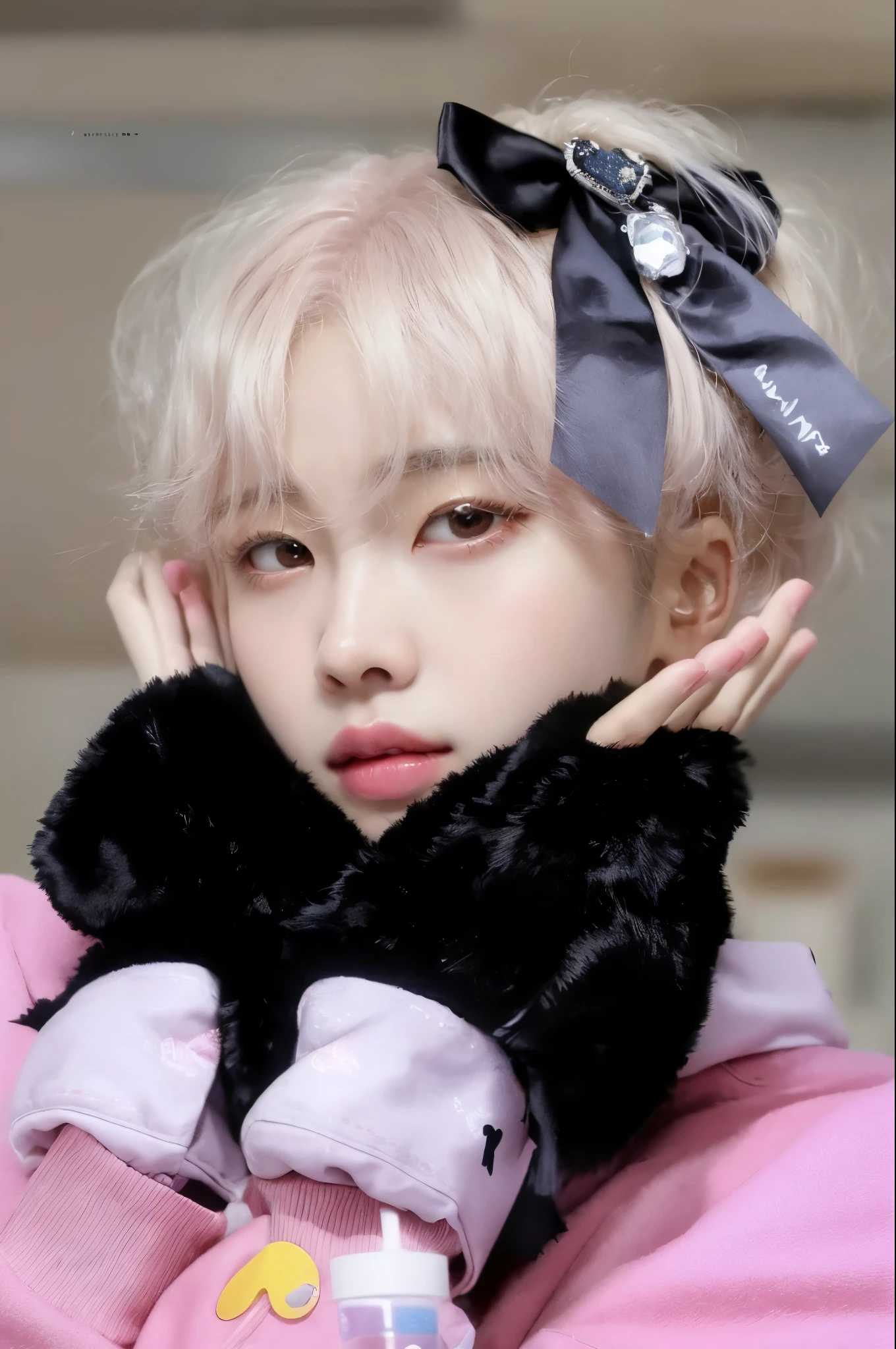 a close-up of a person in a pink jacket and a black bow, Kim Doyoung, taejune kim, portrait of jossi do blackpink, adorable and pale korean face, Jinyoung Shin, Jimin\the full lips, cai xukun, Sun Yunjoo, Jimin, pintar ulzzang, jossi do blackpink, hyung tae, Shikamimi