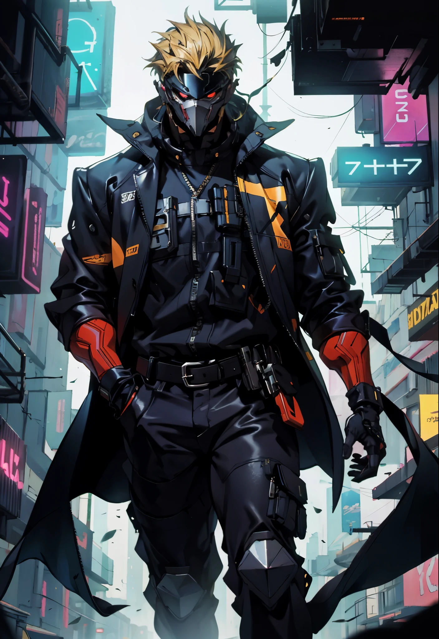 An adult man with tousled and messy dark blonde hair, a metallic beast concept mask covering his entire face, full mask, cold and penetrating gaze, a sturdy physique, a loose cyberpunk-style short jacket over a T-shirt, metal wrist guards, a belt around his waist, loose utility pants, adopting a relaxed posture within the cyberpunk-style city, city night view, this character embodies a finely crafted cyberpunk-style masked warrior in anime style, exquisite and mature manga art style, high definition, best quality, highres, ultra-detailed, ultra-fine painting, extremely delicate, professional, perfect body proportions, golden ratio, anatomically correct, symmetrical face, extremely detailed eyes and face, high quality eyes, creativity, RAW photo, UHD, 32k, Natural light, cinematic lighting, masterpiece-anatomy-perfect, masterpiece:1.5