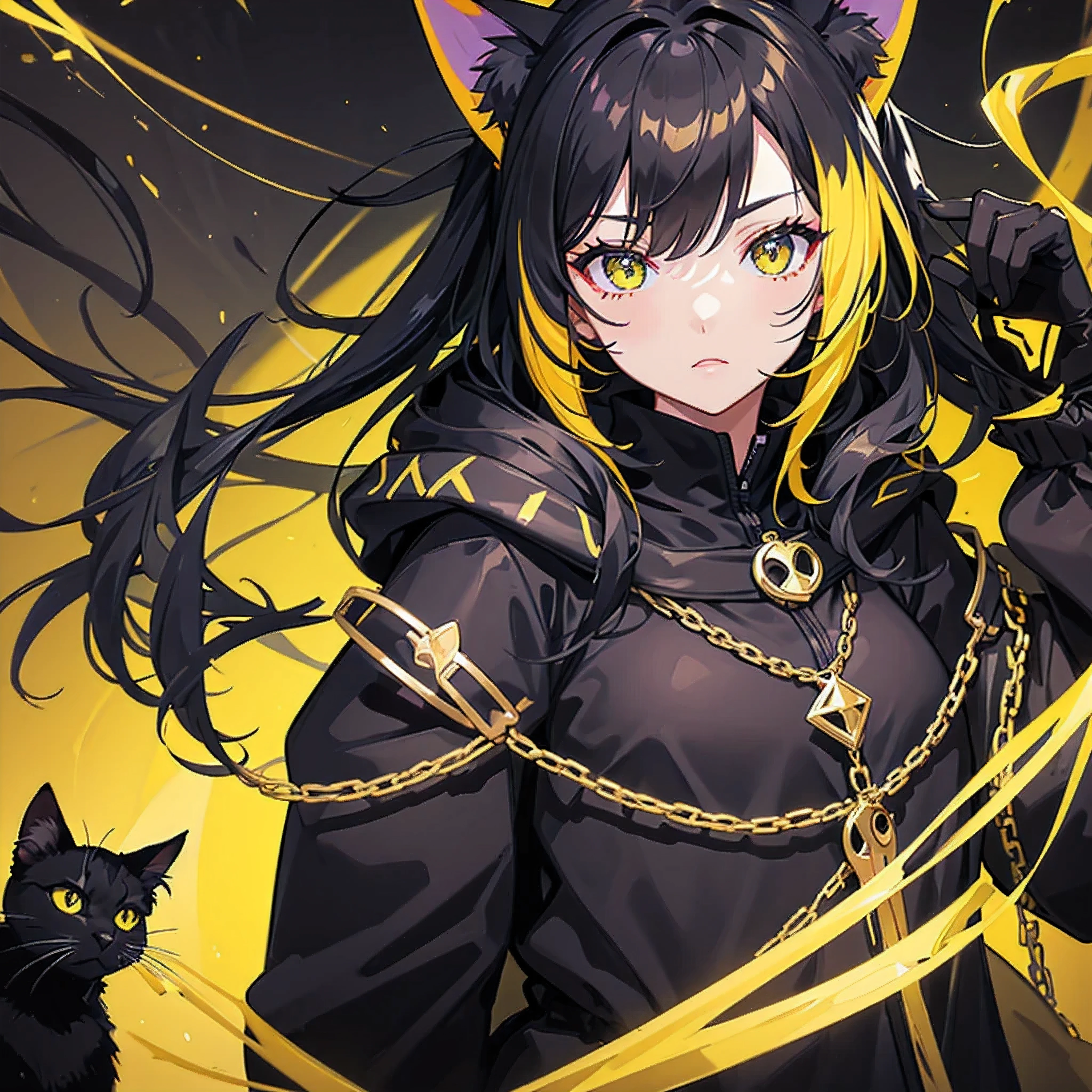 girl wear sleek black cat hood with mesmerizing eyes nestled in the ears. Adorned with striking yellow and black hues, this hood exudes feline charm and mystery. Elevate your style with this unique accessory