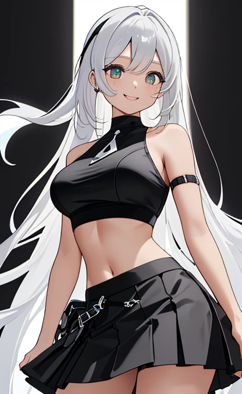 Beautiful girl in black  going to high-school detailed muscles realistic masterpieces full figure pose (best quality,ultra-detailed), white-haired girl, vibrant blue eyes, high ponytail, fair skin, fit body, slim figure, narrow waist, large buttocks, (confident expression), black long skirt and tights, thighgap, high school background on Earth