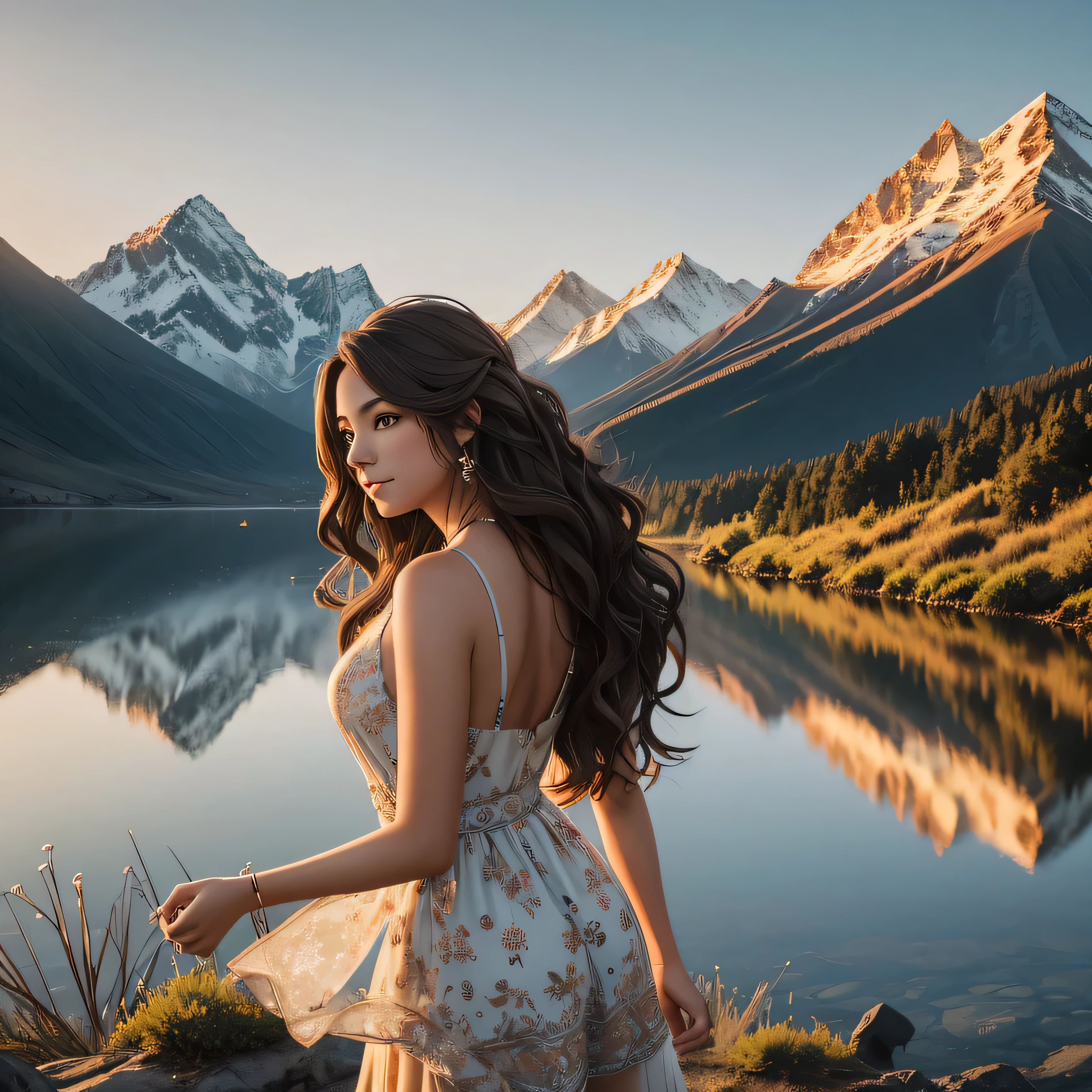Aria stands tall and elegant in the full body profile image, exuding a sense of wanderlust and grace. She is dressed in a fitted mini dress with intricate floral patterns and earthy tones that complement her adventurous spirit. Aria's long, flowing hair cascades down her back in loose waves, catching the light and adding to her ethereal appearance. Her eyes sparkle with curiosity and wisdom, reflecting her passion for exploration and discovery. In the background, a backdrop of a majestic mountain range and a setting sun hints at the endless adventures that await her. Aria's pose is confident yet relaxed, capturing her free-spirited nature and love for the beauty of the natural world.