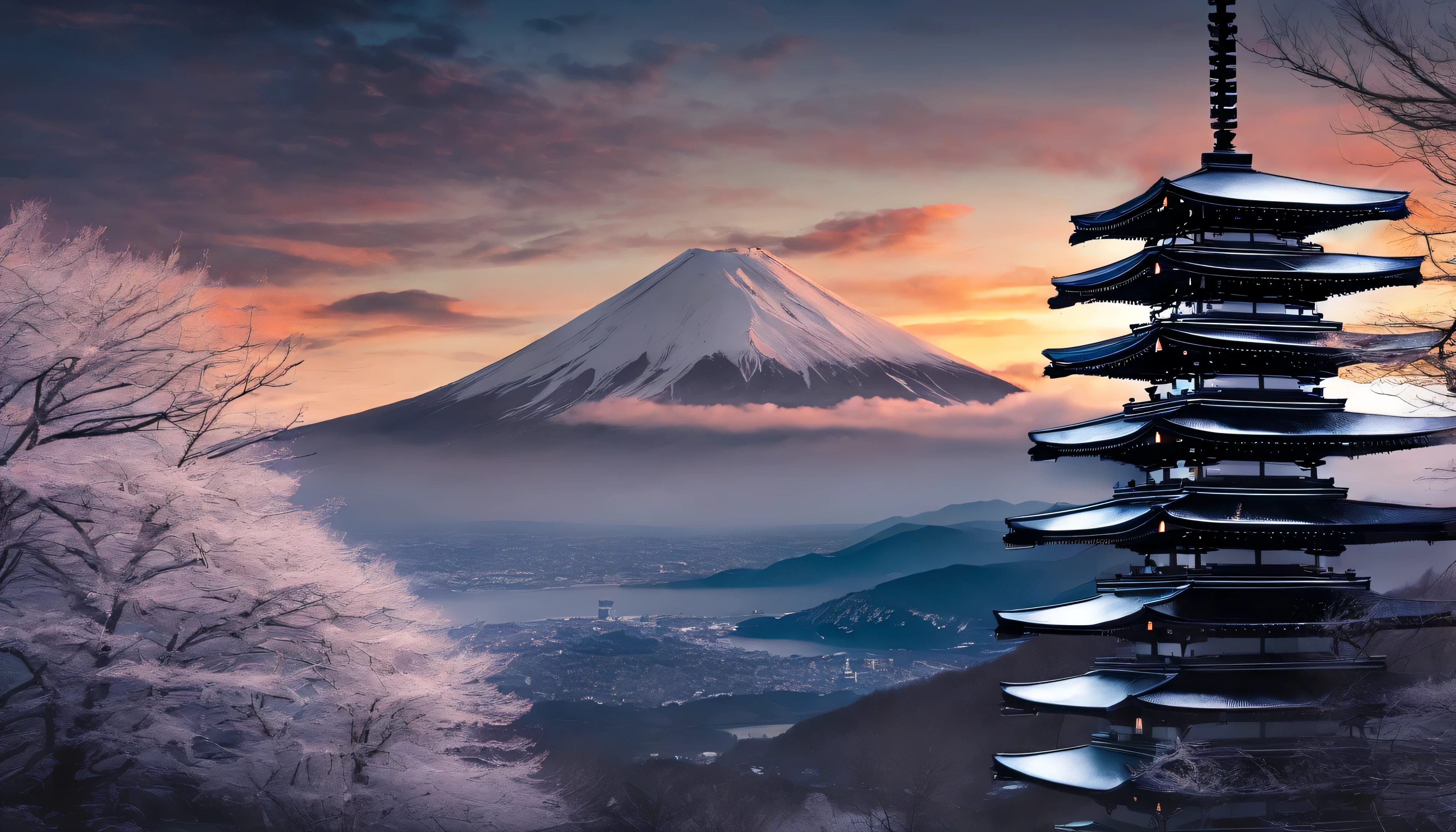 Mt fuji、morning glow、grand、Dynamic landscapeidwinter、a picture、realisitic