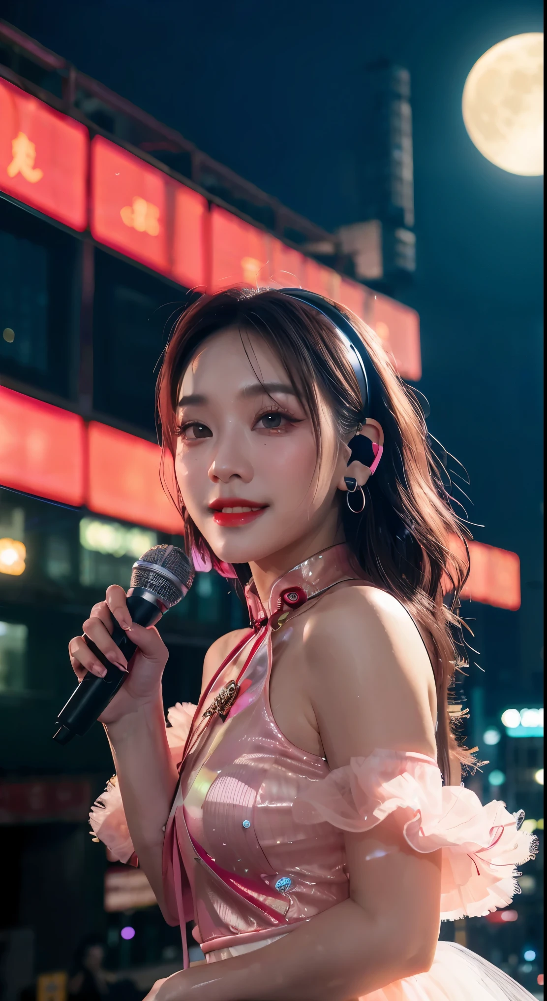 Singer, microphone in hand, cyberpunk microphone, singing, 1 girl, Chinese_clothes, liquid silver and pink, cyberhan, cheongsam, cyberpunk city, dynamic pose, glowing headphones, glowing hair accessories, long hair, glowing earrings, glowing necklace, cyberpunk, high-tech city, full of mechanical and futuristic elements, futuristic, technology, glowing neon, pink, pink light, transparent tulle, transparent streamers, laser, digital background urban sky, big moon, with vehicles, best quality, masterpiece, 8K, character edge light, super high detail, high quality, the most beautiful woman in human beings, micro smile, face left and right symmetry, ear antenna, beautiful pupil light effect, visual data
