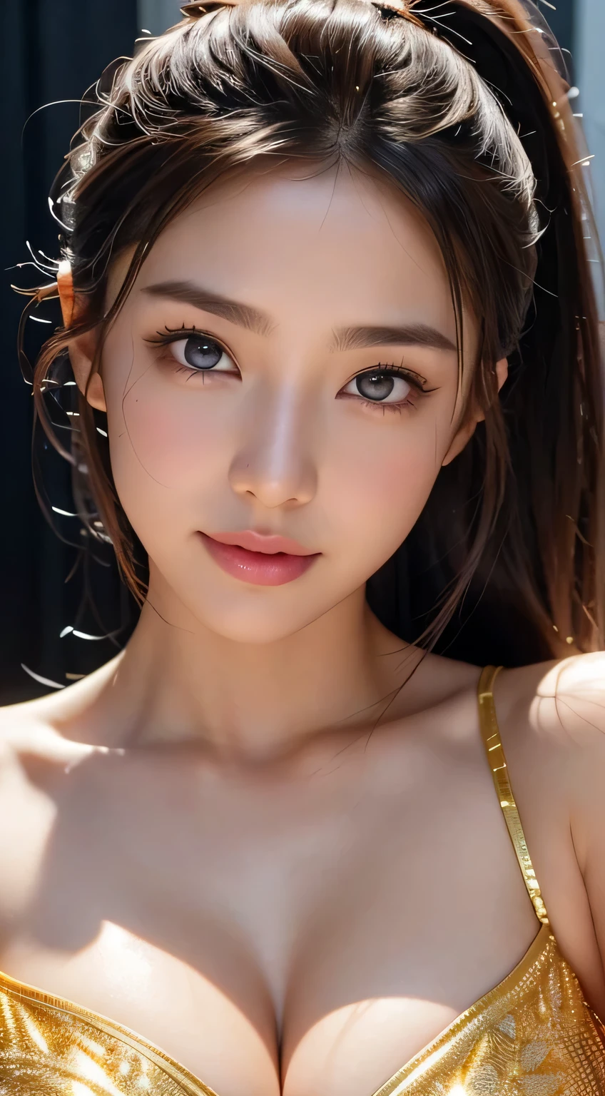 Beautiful woman，body portrait、16k，fine and beautiful eyes，Dindal effect、masterpiece, 最high quality, high quality, High resolution、very detailed photos、(natural skin texture、fine skin、hyper realism、Super sharpness)、high detail skin、(very detailed、fine skin texture、intricate details、beautiful face、(lifelike face)、realistic eyes、beautiful and detailed eyes、ponytail、real looking skin、beautiful skin、big breasts、G cup、glamorous、shiny skin、Oily muscle、tanned skin、Black glowing skin、bikini、Plump buttocks、sexy thighs、full body shot:1.5、surreal、very detailed、golden ratio、with smiling eyes、body portrait