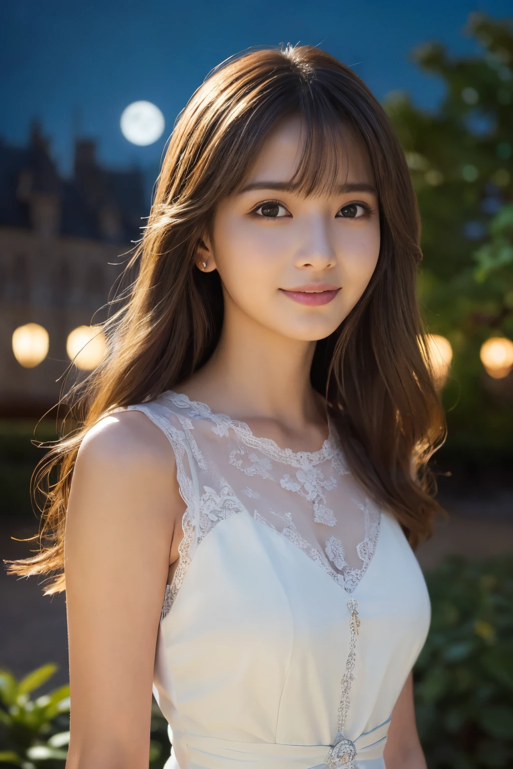 
((table top:1.4, highest quality)), (realistic pictures:1.4), 
((1 girl)), (Pure actress), (dream-like),
(超High resolution:1.2), very delicate and beautiful, wonderful, Highly detailed CG Unity 8K wallpaper, Super detailed, High resolution, 
soft light, beautiful detailed girl, highly detailed eyes and face, beautifully detailed nose, beautiful and detailed eyes, 
(Wear a white dress:1.3), 
cinematic lighting, perfect anatomy, slender body, (parted bangs),
(Relax in the gardens of European castles at night:1.3), (moon明かりに照らされる花園:1.3), (Colorful flowers blooming all over々), (moon), (outdoor), (contrast of light and dark),
cowboy shot, looking at the viewer, (archaic smile)